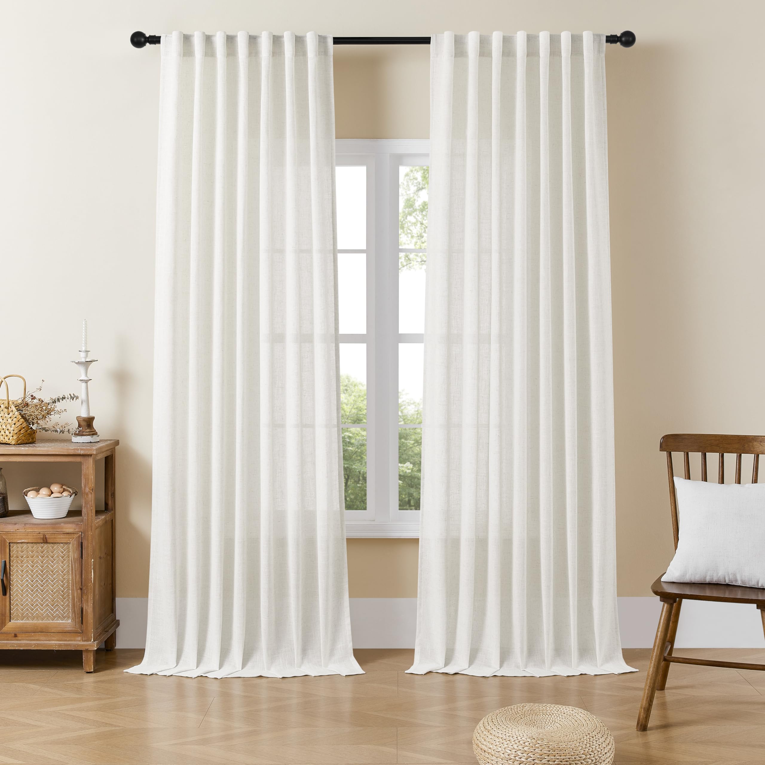 Joydeco Linen Curtains 96 inch Length 2 Panel Set, Light Filtering Curtain for Living Room Bedroom, 52 inch Wide Drapes with Rod Pocket Back Tab (96" Lx52 W, Ivory on Linen)