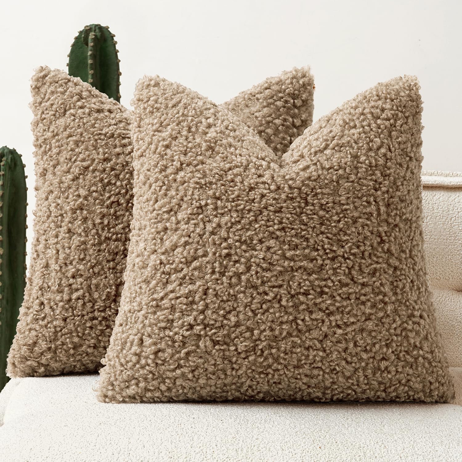 Faux Fur Throw Pillow Covers 20x20 Inch Set of 2 Boucle Neutral Decorative Sherpa Fuzzy Accent Soft Sheepskin Fleece Cushions Modern Home Decor for Couch Sofa Bedroom Living Room,Oatmeal