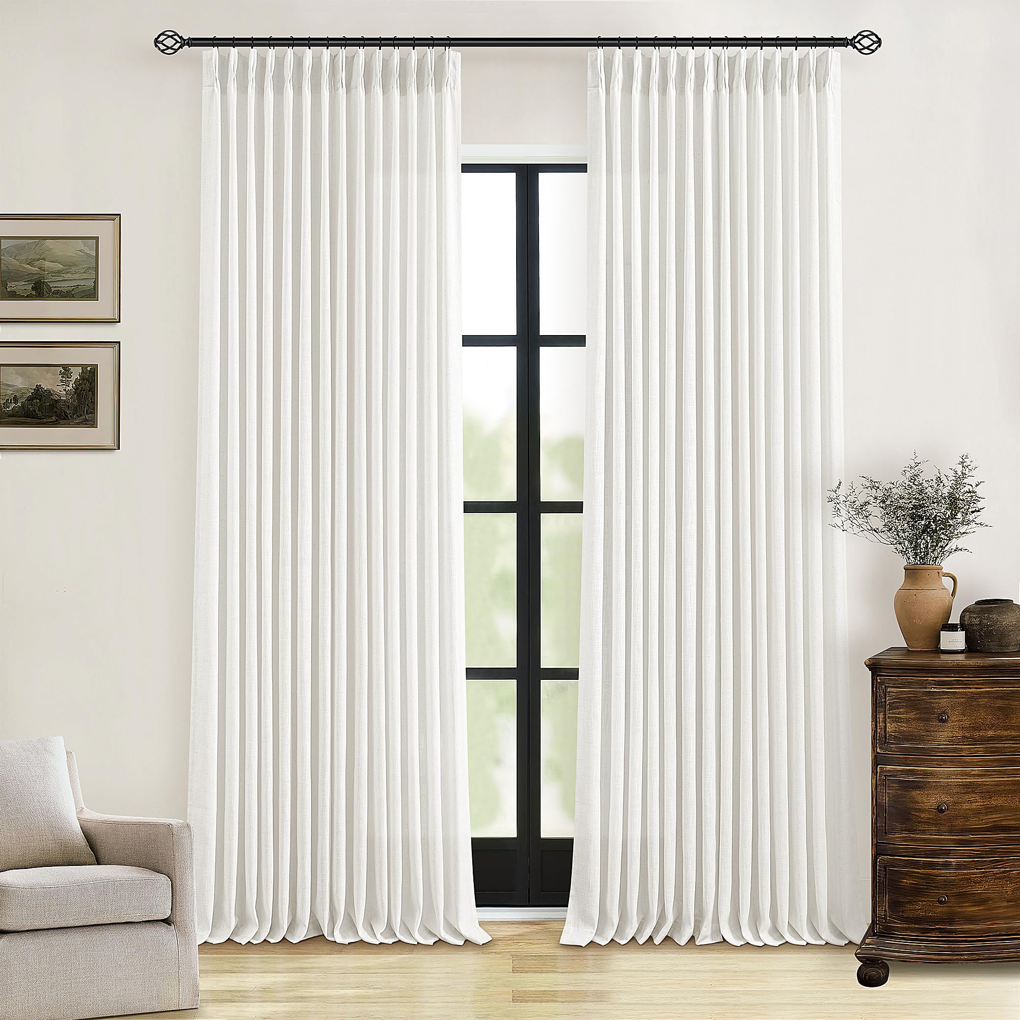 Natural Pinch Pleated Linen Curtains 84 Inch Length 2 Panels for Living Room Bedroom Textured Cream Ivory Birch Semi Sheer Boho Neutral Back Tab Pinch Pleat Hooks Rings Window Curtain 84 Inches Long