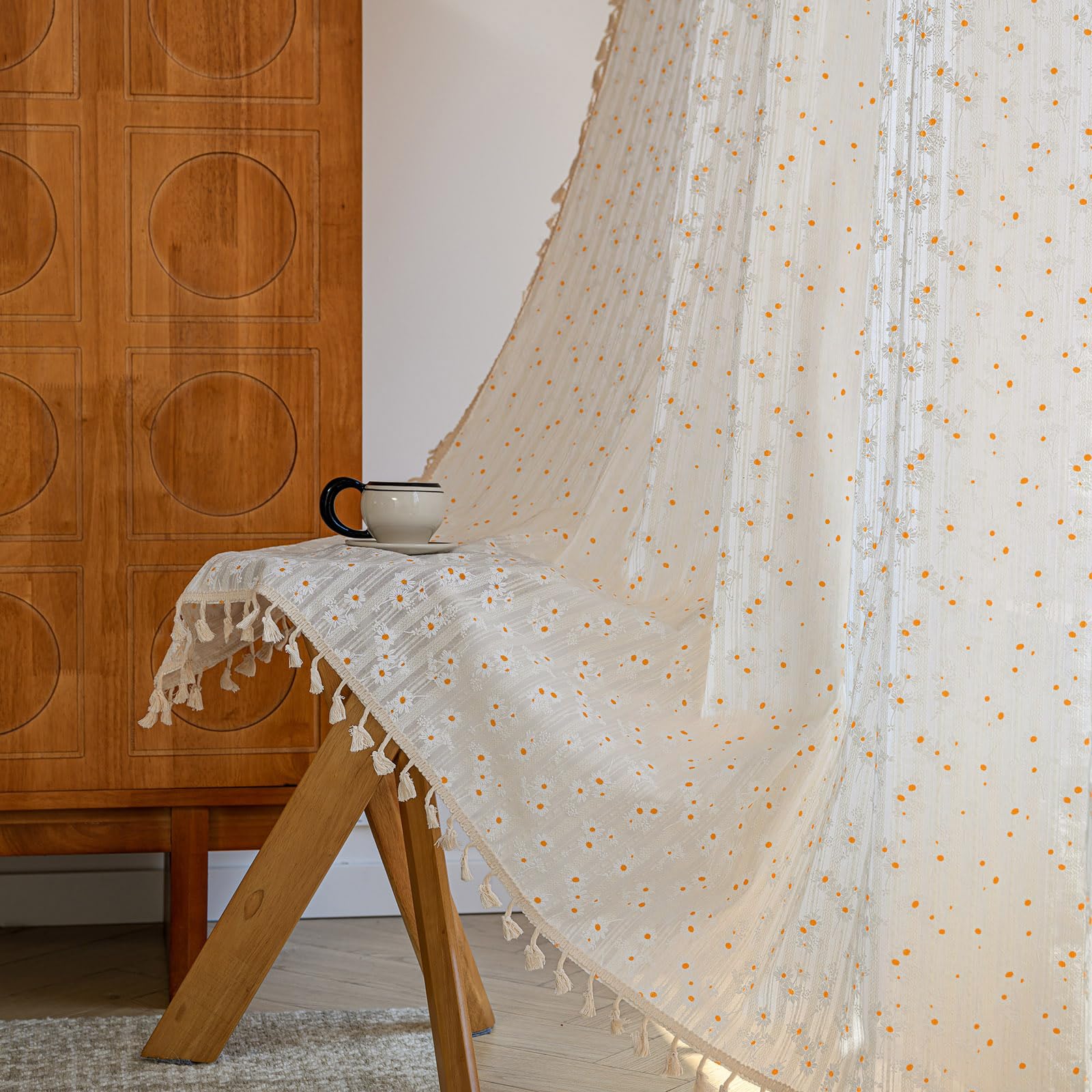 ENJOYBRIDAL Floral Bedroom Curtains 84 Inch Length 2 Panels Set Farmhouse Semi Sheer Living Room Drapes Cotton Linen Blend Bohemian Window Curtain Panels with Tassel Beige Rod Pocket Drapes
