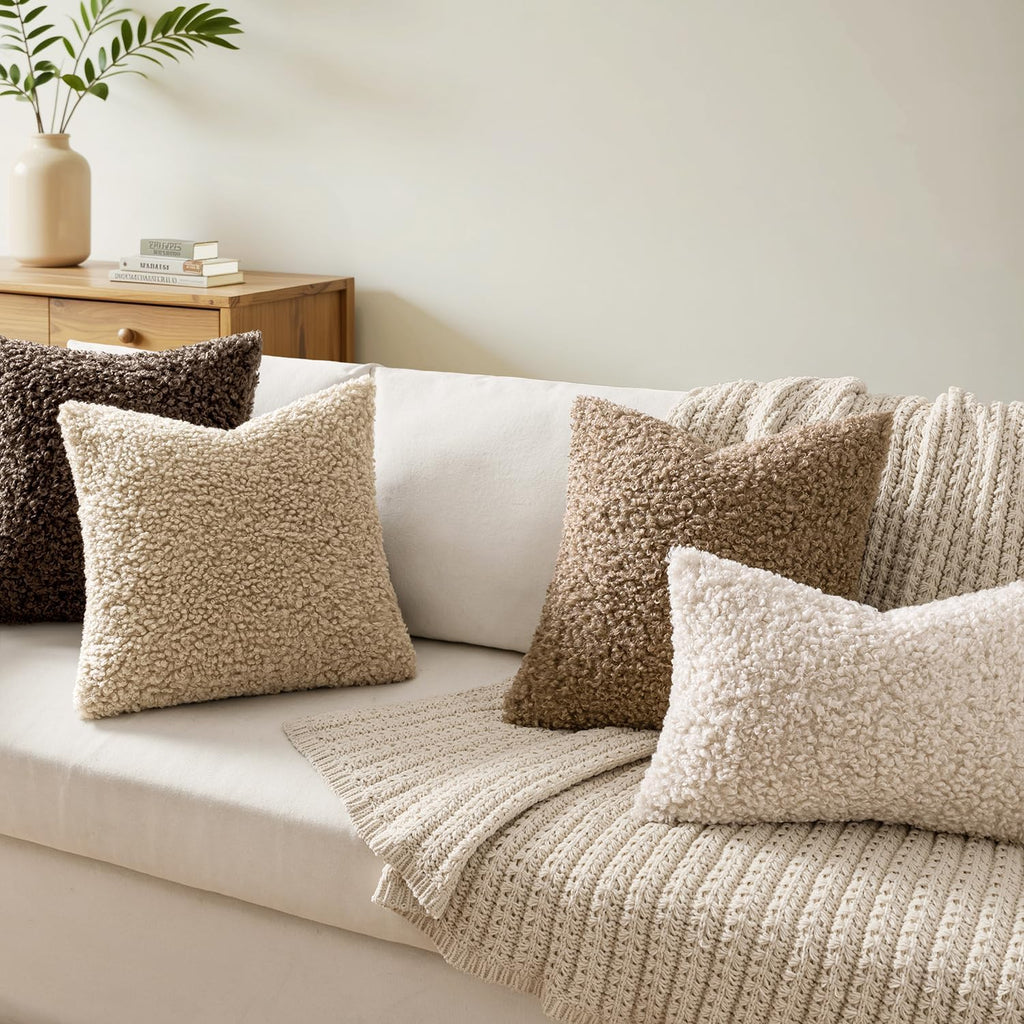Faux Fur Throw Pillow Covers 20x20 Inch Set of 2 Boucle Neutral Decorative Sherpa Fuzzy Accent Soft Sheepskin Fleece Cushions Modern Home Decor for Couch Sofa Bedroom Living Room,Oatmeal