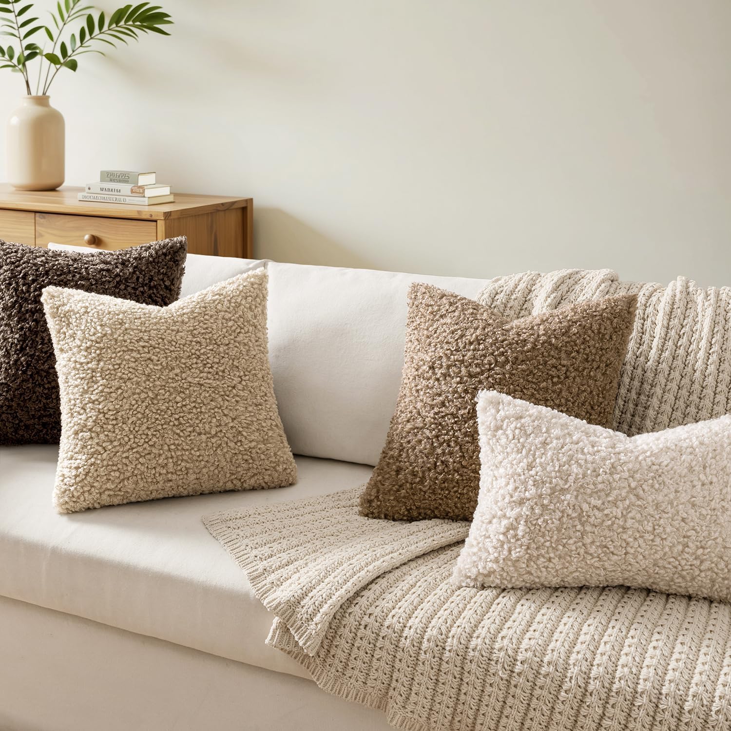 Faux Fur Throw Pillow Covers 20x20 Inch Set of 2 Boucle Neutral Decorative Sherpa Fuzzy Accent Soft Sheepskin Fleece Cushions Modern Home Decor for Couch Sofa Bedroom Living Room,Oatmeal