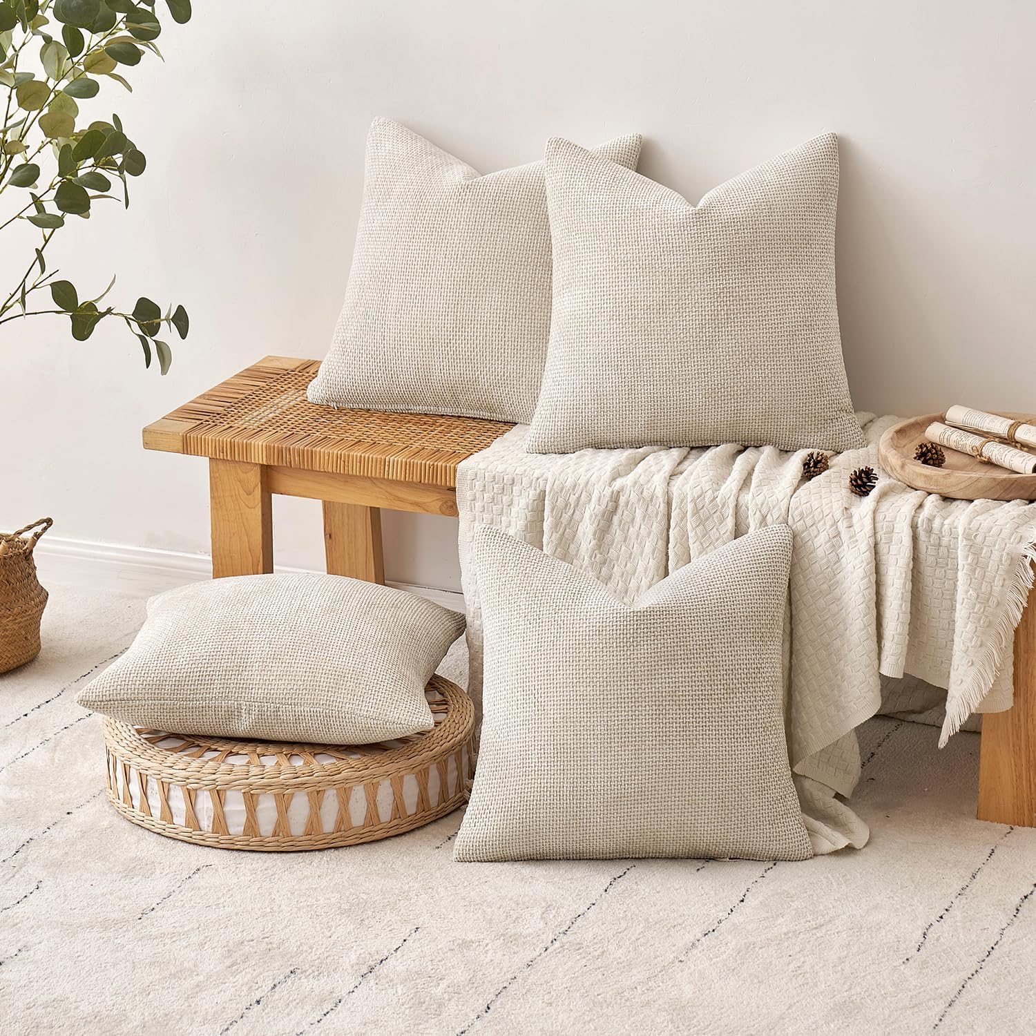 MIULEE Pack of 4 Couch Throw Pillow Covers 18x18 Inch Cream Soft Decorative Chenille Pillow Covers Farmhouse Accent Cushion Covers for Boho Spring Home Decor Sofa Bedroom Living Room