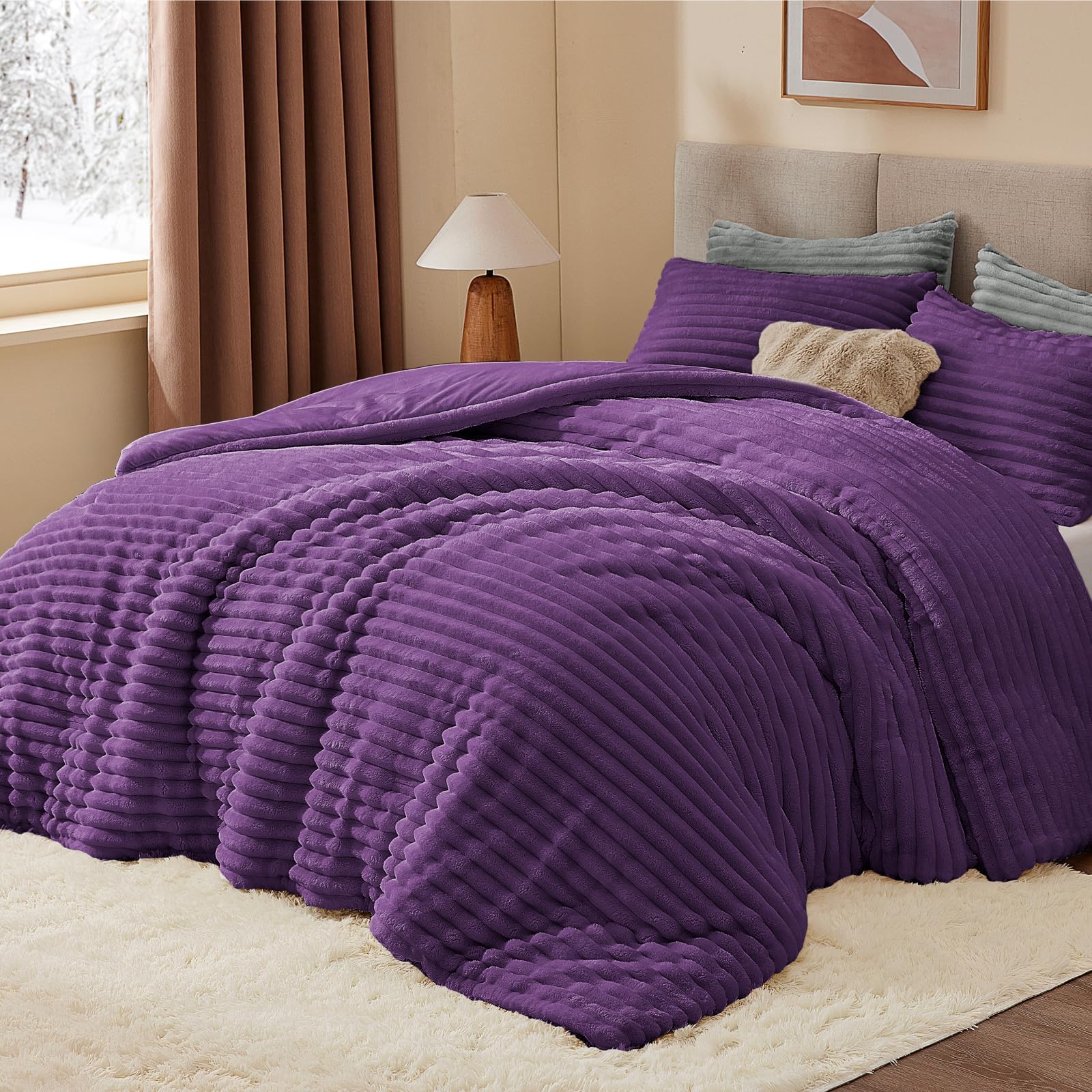 BEDELITE Fleece Full Comforter Set -Super Soft & Warm Fluffy Coral Bedding, Luxury Fuzzy Heavy Bed Set for Winter with 2 Pillow Cases
