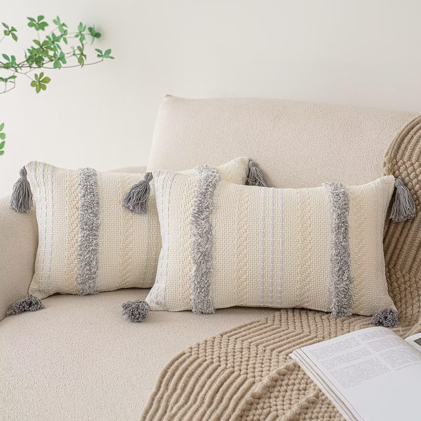 Boho Throw Pillow Covers 18x18 Set of 2 Woven Tufted Farmhouse Pillows Cover with Tassels Textured Striped Cushion Case Neutral Pillow Cases Decorative Pillowcase for Sofa, Couch, Bed, Khaki