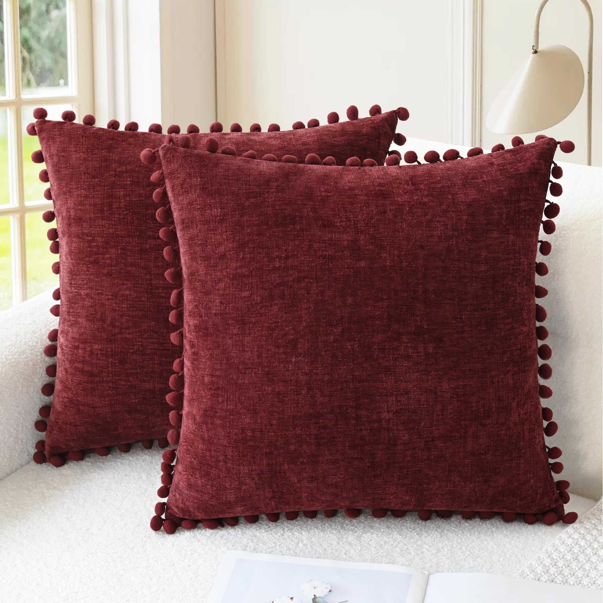 CaliTime Throw Pillow Covers Decorative 18 X 18 Inches Pack of 2 Cozy Solid Dyed Soft Chenille Cushion Cases with Pom Poms for Couch Sofa Bed Living Room Home Living Coral