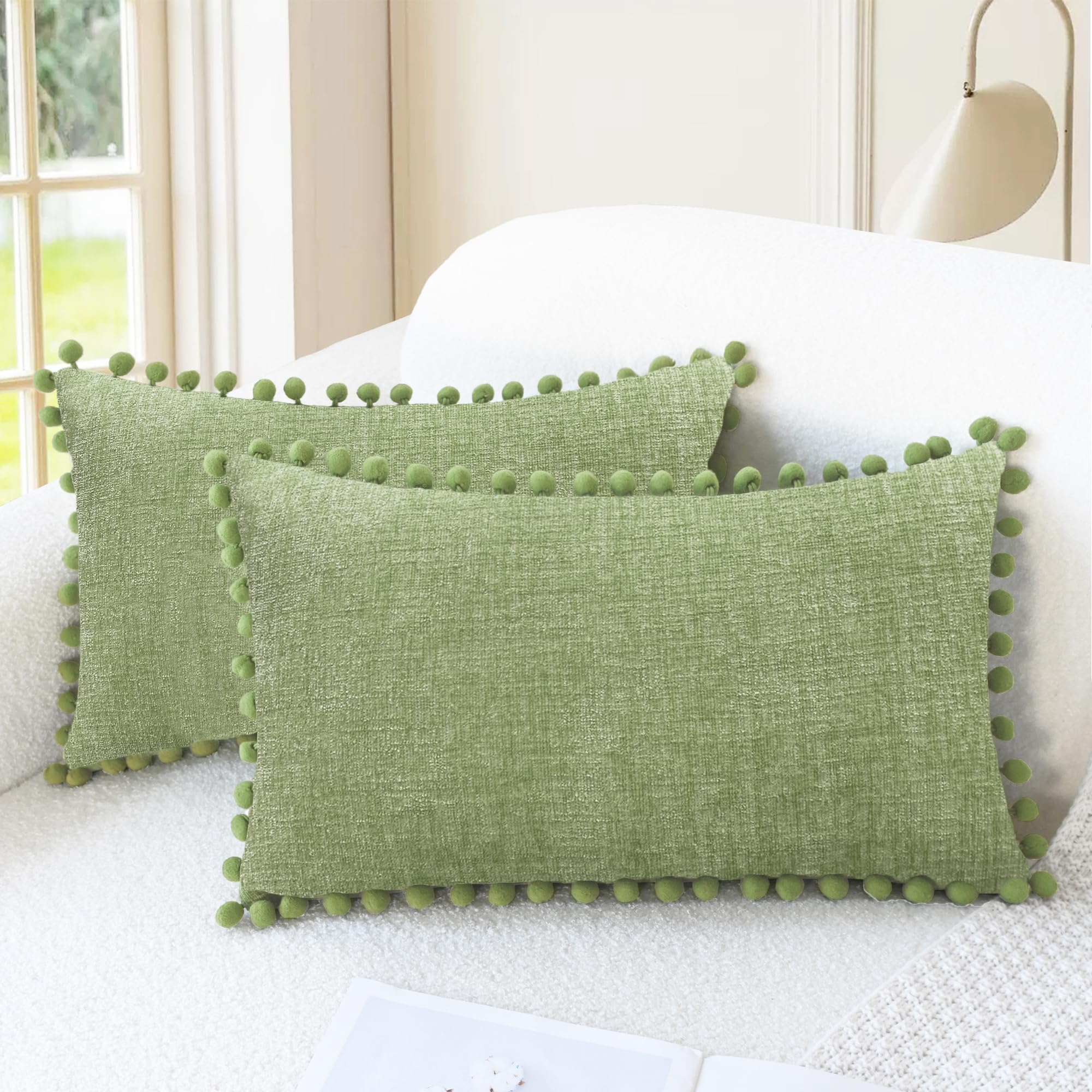 CaliTime Throw Pillow Covers Decorative 18 X 18 Inches Pack of 2 Cozy Solid Dyed Soft Chenille Cushion Cases with Pom Poms for Couch Sofa Bed Living Room Home Living Coral