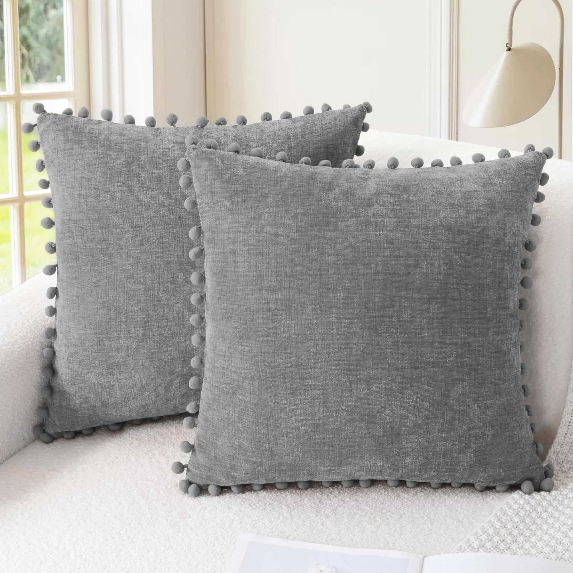 CaliTime Throw Pillow Covers Decorative 18 X 18 Inches Pack of 2 Cozy Solid Dyed Soft Chenille Cushion Cases with Pom Poms for Couch Sofa Bed Living Room Home Living Coral