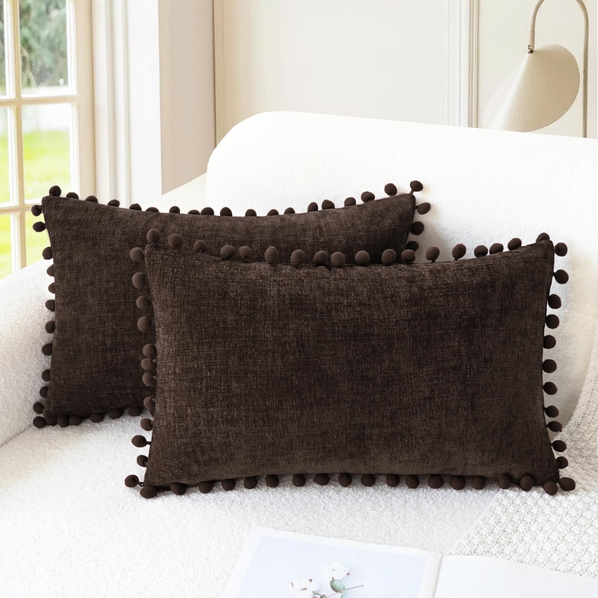 CaliTime Throw Pillow Covers Decorative 18 X 18 Inches Pack of 2 Cozy Solid Dyed Soft Chenille Cushion Cases with Pom Poms for Couch Sofa Bed Living Room Home Living Coral