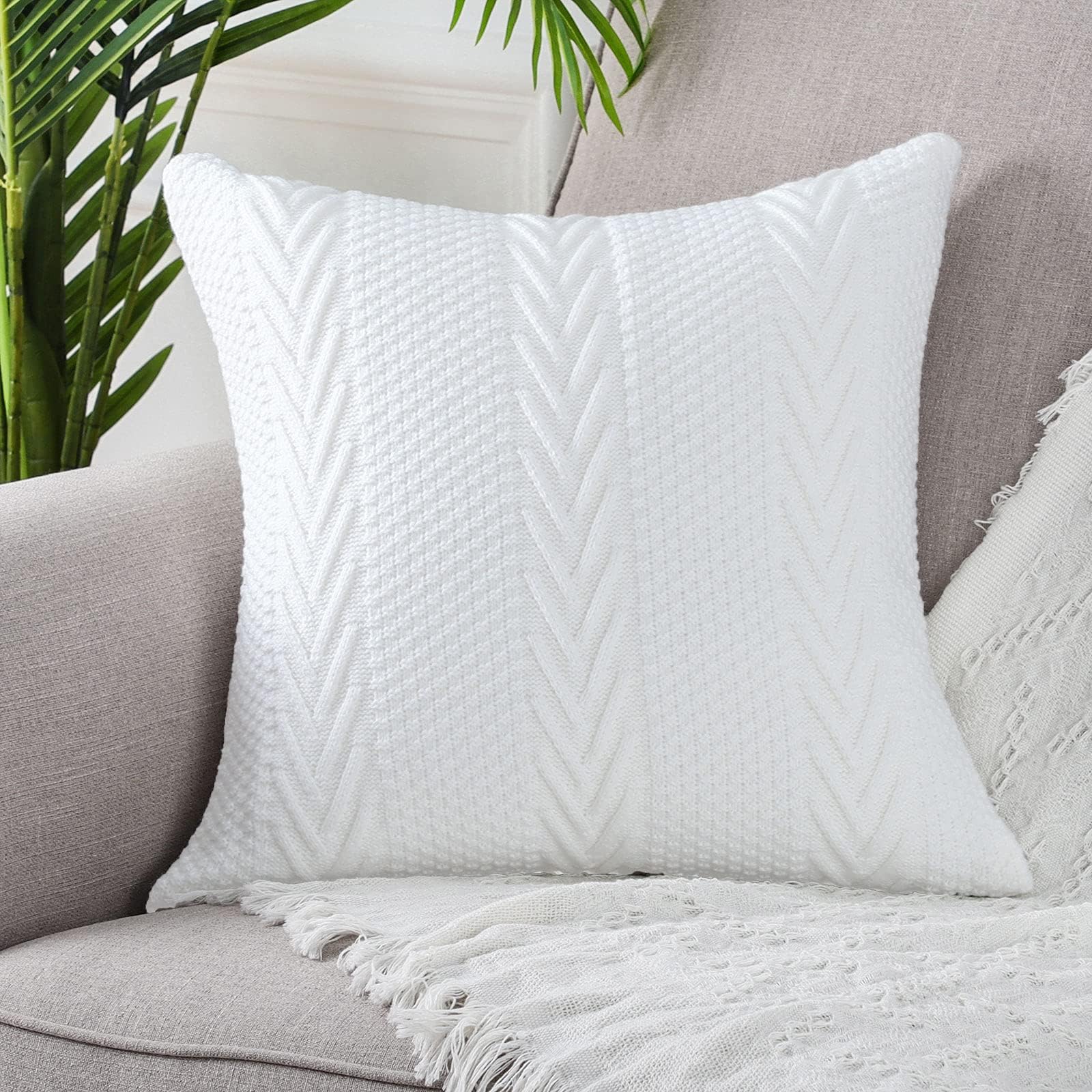 MANDIOO Cotton Knitted Decorative Throw Pillow Covers Soft Cozy Outdoor Cushion Cases Luxury Modern Pillowcases for Couch Sofa Bed 24x24 Inches Beige