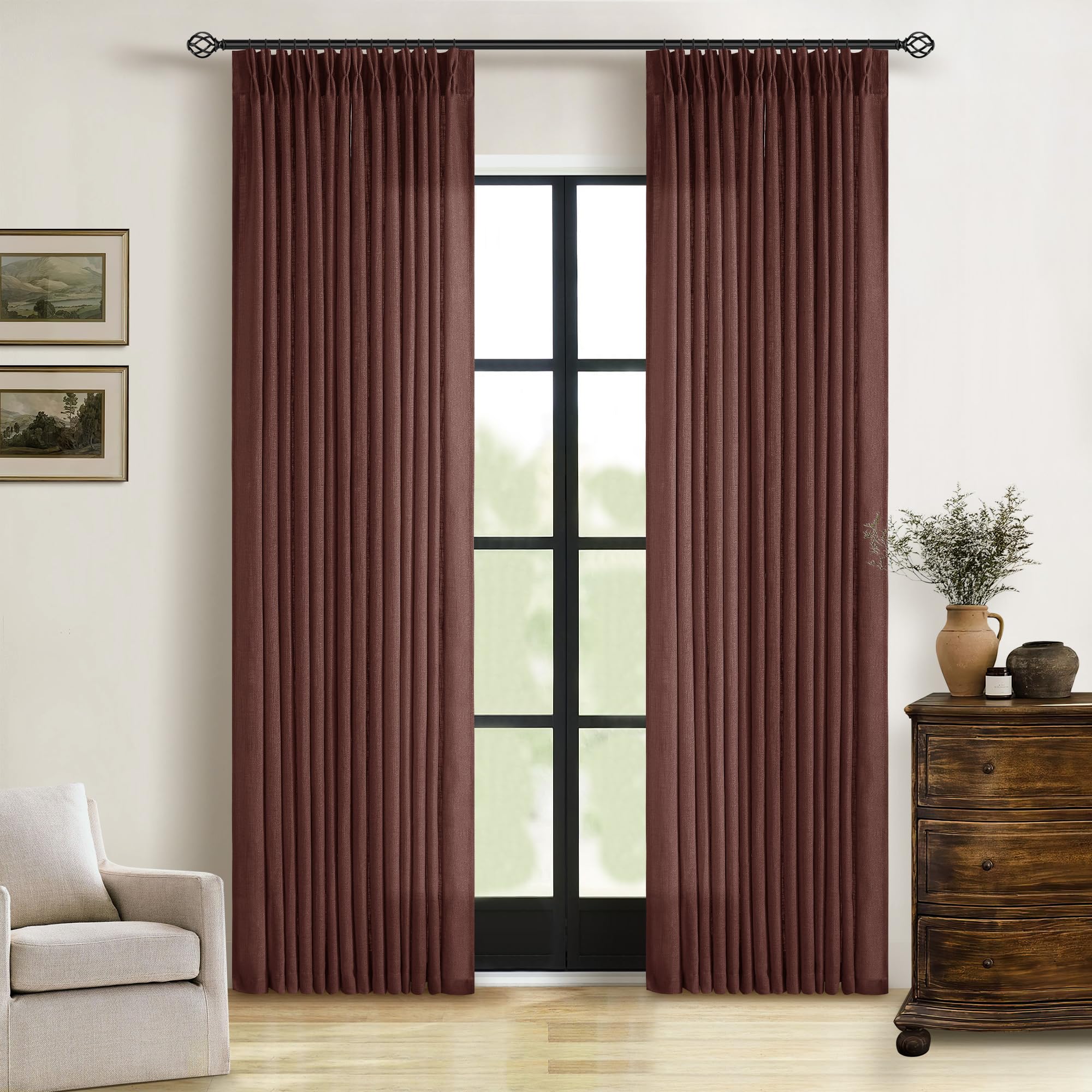 Natural Pinch Pleated Linen Curtains 84 Inch Length 2 Panels for Living Room Bedroom Textured Cream Ivory Birch Semi Sheer Boho Neutral Back Tab Pinch Pleat Hooks Rings Window Curtain 84 Inches Long