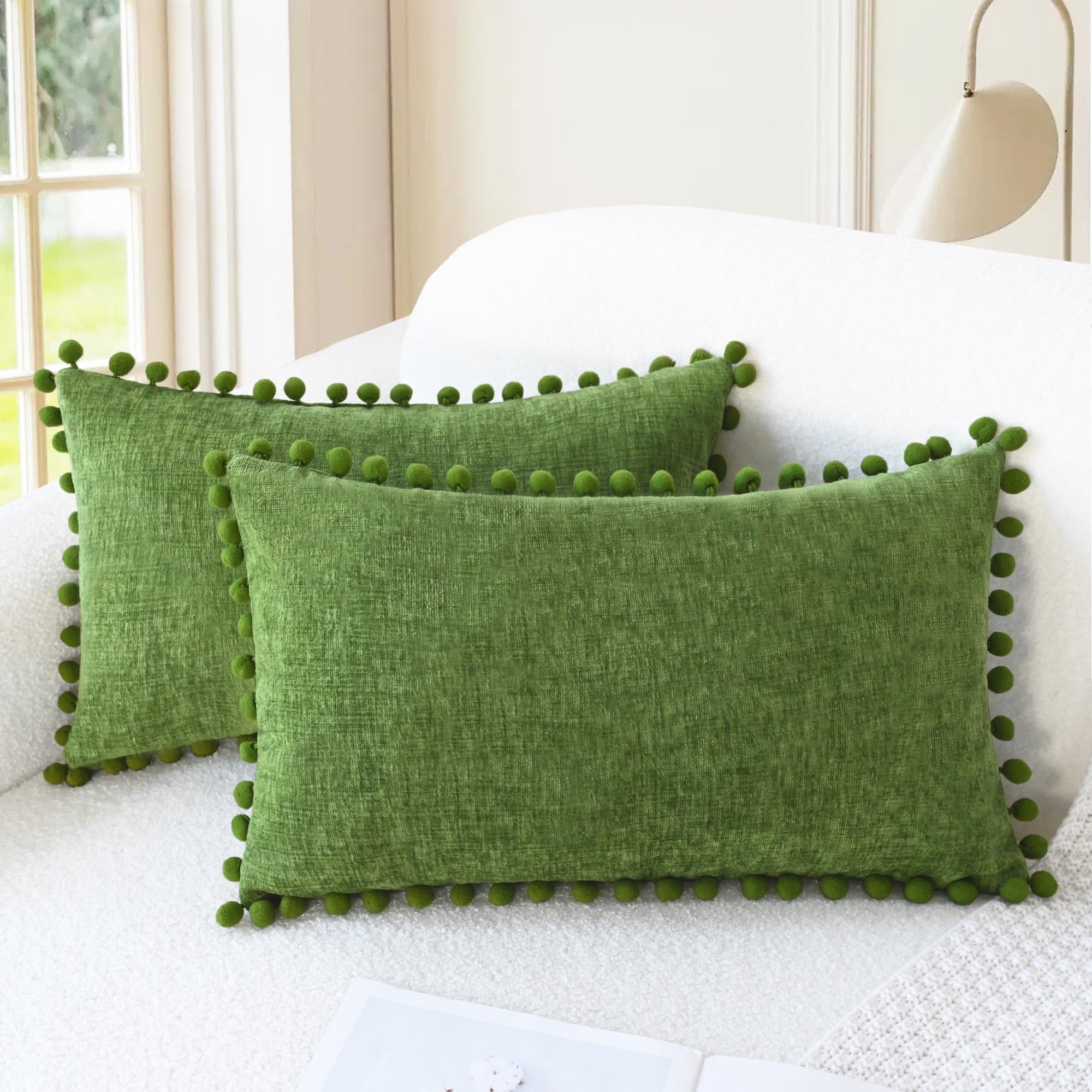 CaliTime Throw Pillow Covers Decorative 18 X 18 Inches Pack of 2 Cozy Solid Dyed Soft Chenille Cushion Cases with Pom Poms for Couch Sofa Bed Living Room Home Living Coral