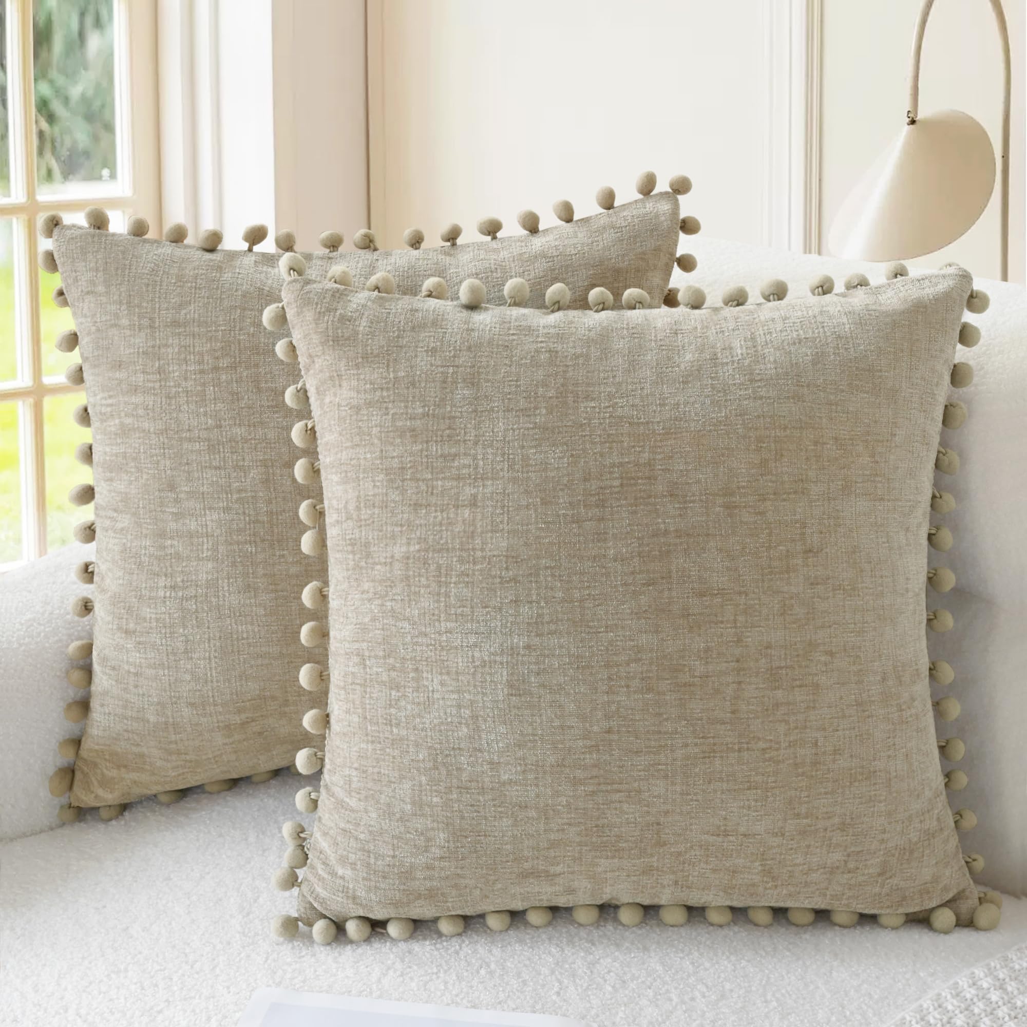 CaliTime Throw Pillow Covers Decorative 18 X 18 Inches Pack of 2 Cozy Solid Dyed Soft Chenille Cushion Cases with Pom Poms for Couch Sofa Bed Living Room Home Living Coral
