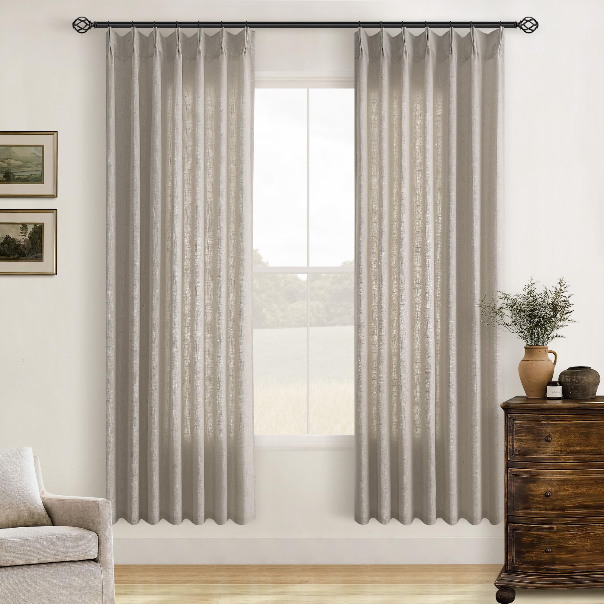 Natural Pinch Pleated Linen Curtains 84 Inch Length 2 Panels for Living Room Bedroom Textured Cream Ivory Birch Semi Sheer Boho Neutral Back Tab Pinch Pleat Hooks Rings Window Curtain 84 Inches Long