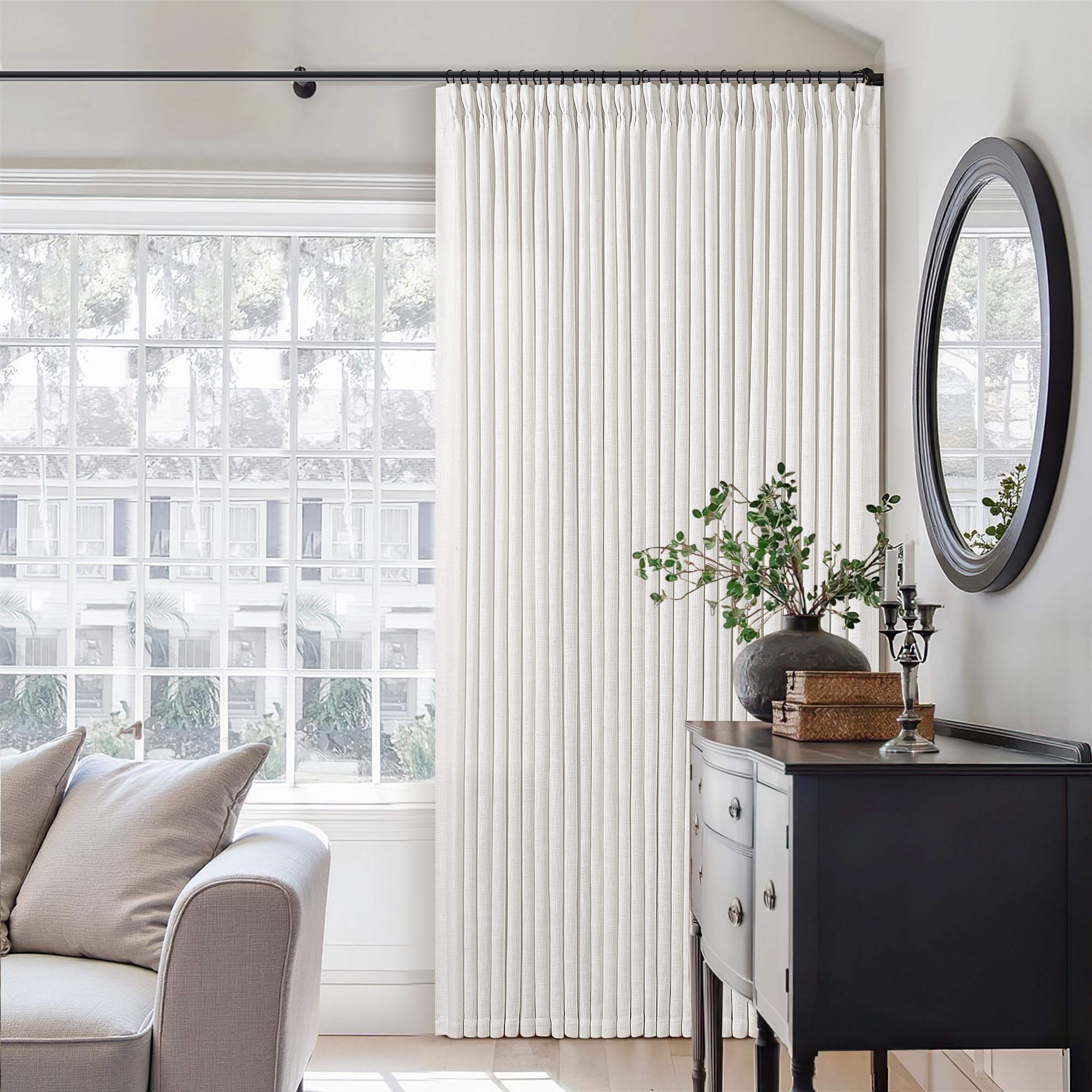 Natural Pinch Pleated Linen Curtains 84 Inch Length 2 Panels for Living Room Bedroom Textured Cream Ivory Birch Semi Sheer Boho Neutral Back Tab Pinch Pleat Hooks Rings Window Curtain 84 Inches Long