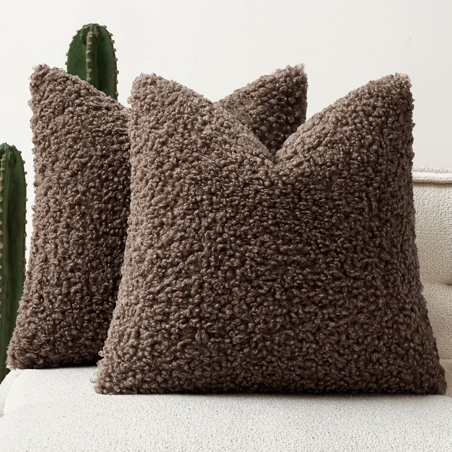 Faux Fur Throw Pillow Covers 20x20 Inch Set of 2 Boucle Neutral Decorative Sherpa Fuzzy Accent Soft Sheepskin Fleece Cushions Modern Home Decor for Couch Sofa Bedroom Living Room,Oatmeal
