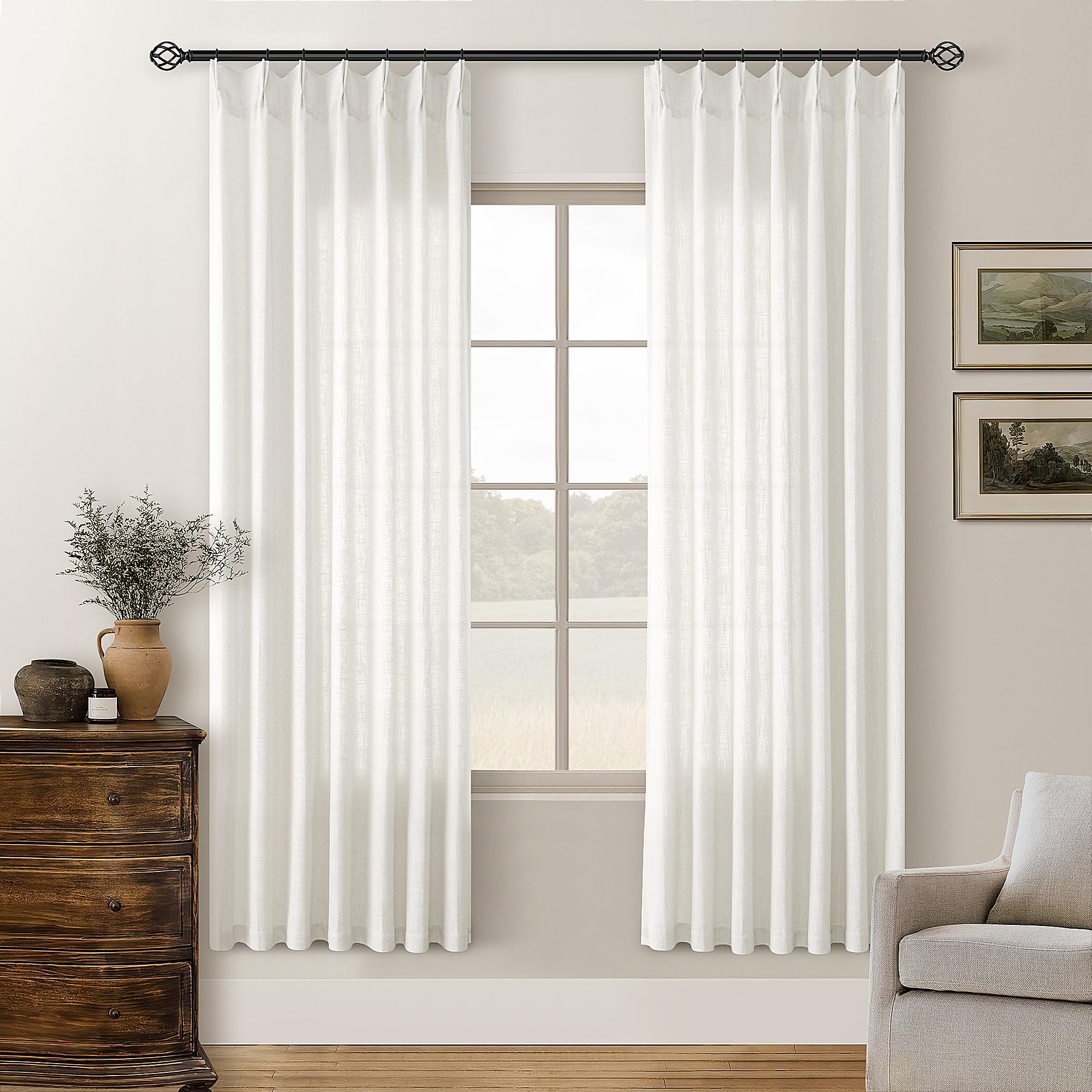 Natural Pinch Pleated Linen Curtains 84 Inch Length 2 Panels for Living Room Bedroom Textured Cream Ivory Birch Semi Sheer Boho Neutral Back Tab Pinch Pleat Hooks Rings Window Curtain 84 Inches Long