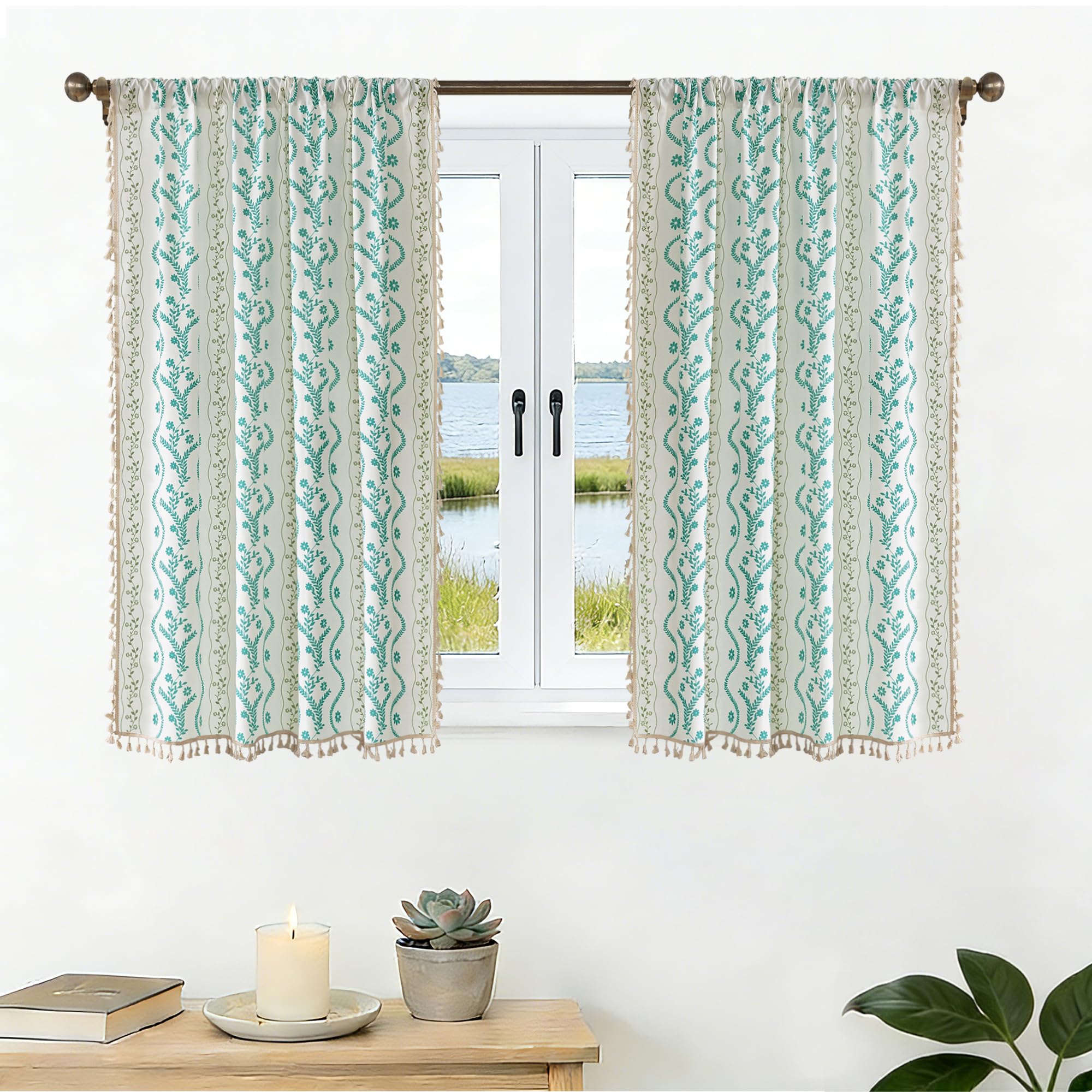 Burnt Orange Curtains for Living Room Patterned Farmhouse Curtains 2 Panels,Boho Linen Vintage Tassel Terracotta Floral Fall Window Curtain for Bedroom Dining Room Kitchen 84 Inch Long