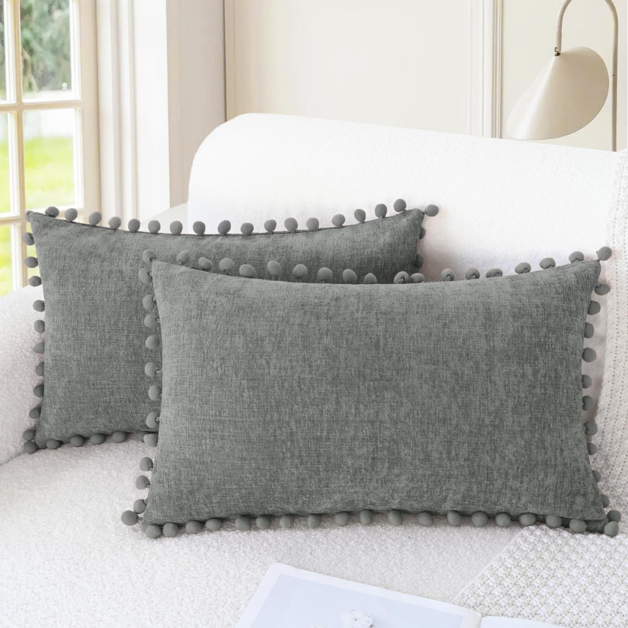 CaliTime Throw Pillow Covers Decorative 18 X 18 Inches Pack of 2 Cozy Solid Dyed Soft Chenille Cushion Cases with Pom Poms for Couch Sofa Bed Living Room Home Living Coral