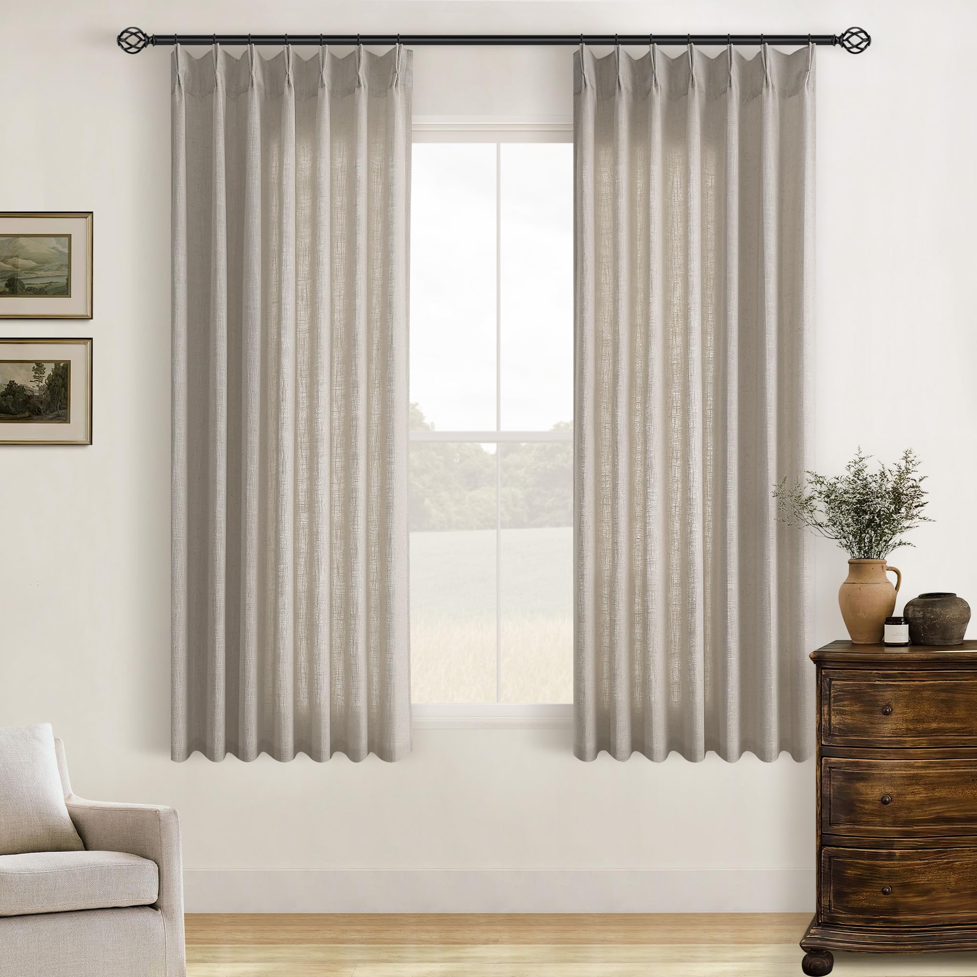 Natural Pinch Pleated Linen Curtains 84 Inch Length 2 Panels for Living Room Bedroom Textured Cream Ivory Birch Semi Sheer Boho Neutral Back Tab Pinch Pleat Hooks Rings Window Curtain 84 Inches Long