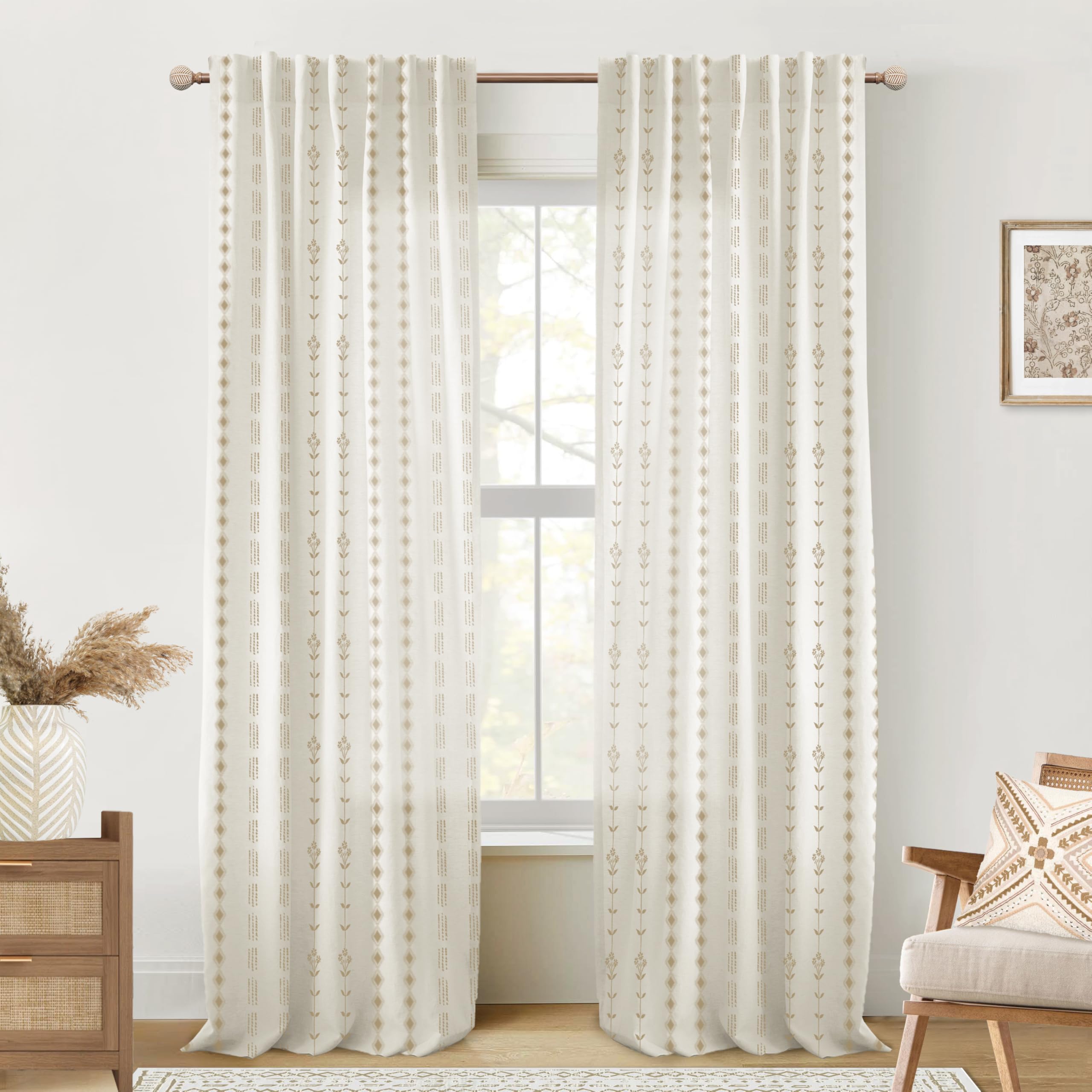 Neutral Farmhouse Curtains for Living Room 84 Inches Long,Taupe Cream Boho Light Filtering Sheer Patterned Modern Beautiful Linen Curtains with Floral Pattern Design Dining Room 84 Length 2 Panels Set