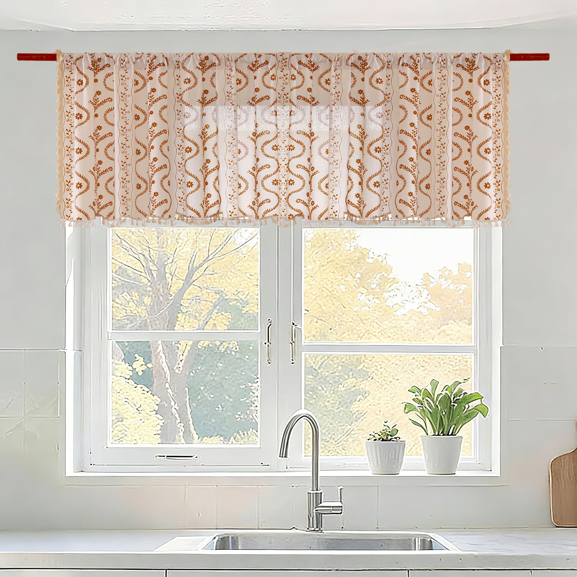 Burnt Orange Curtains for Living Room Patterned Farmhouse Curtains 2 Panels,Boho Linen Vintage Tassel Terracotta Floral Fall Window Curtain for Bedroom Dining Room Kitchen 84 Inch Long