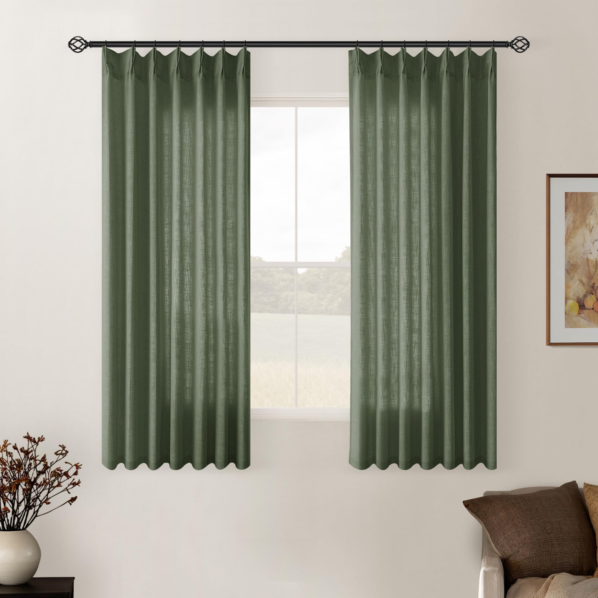 Natural Pinch Pleated Linen Curtains 84 Inch Length 2 Panels for Living Room Bedroom Textured Cream Ivory Birch Semi Sheer Boho Neutral Back Tab Pinch Pleat Hooks Rings Window Curtain 84 Inches Long