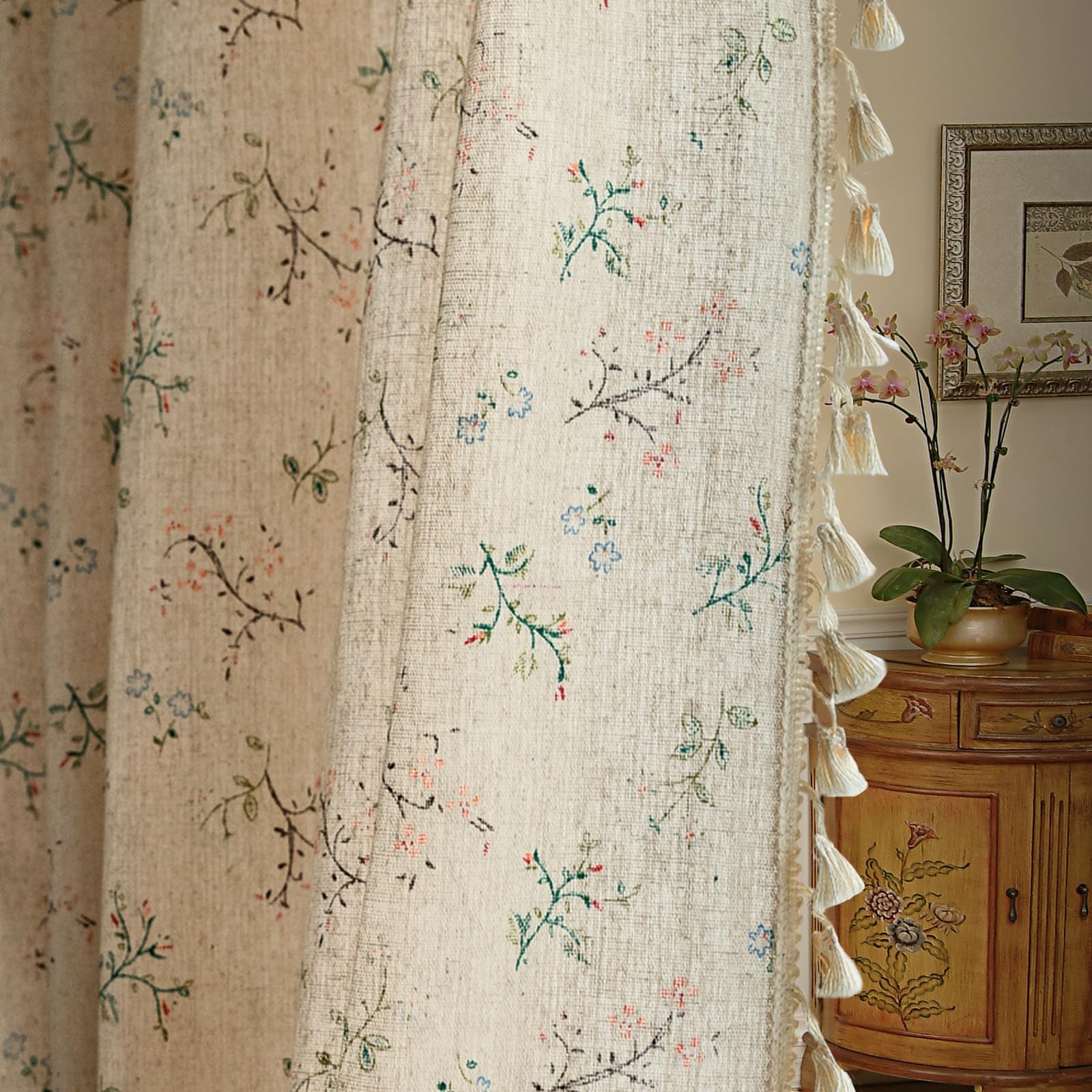 ENJOYBRIDAL Floral Bedroom Curtains 84 Inch Length 2 Panels Set Farmhouse Semi Sheer Living Room Drapes Cotton Linen Blend Bohemian Window Curtain Panels with Tassel Beige Rod Pocket Drapes