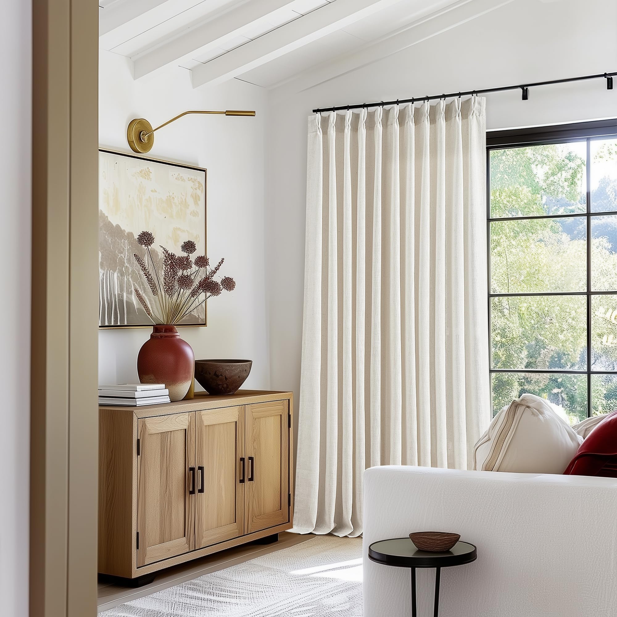 Natural Pinch Pleated Linen Curtains 84 Inch Length 2 Panels for Living Room Bedroom Textured Cream Ivory Birch Semi Sheer Boho Neutral Back Tab Pinch Pleat Hooks Rings Window Curtain 84 Inches Long
