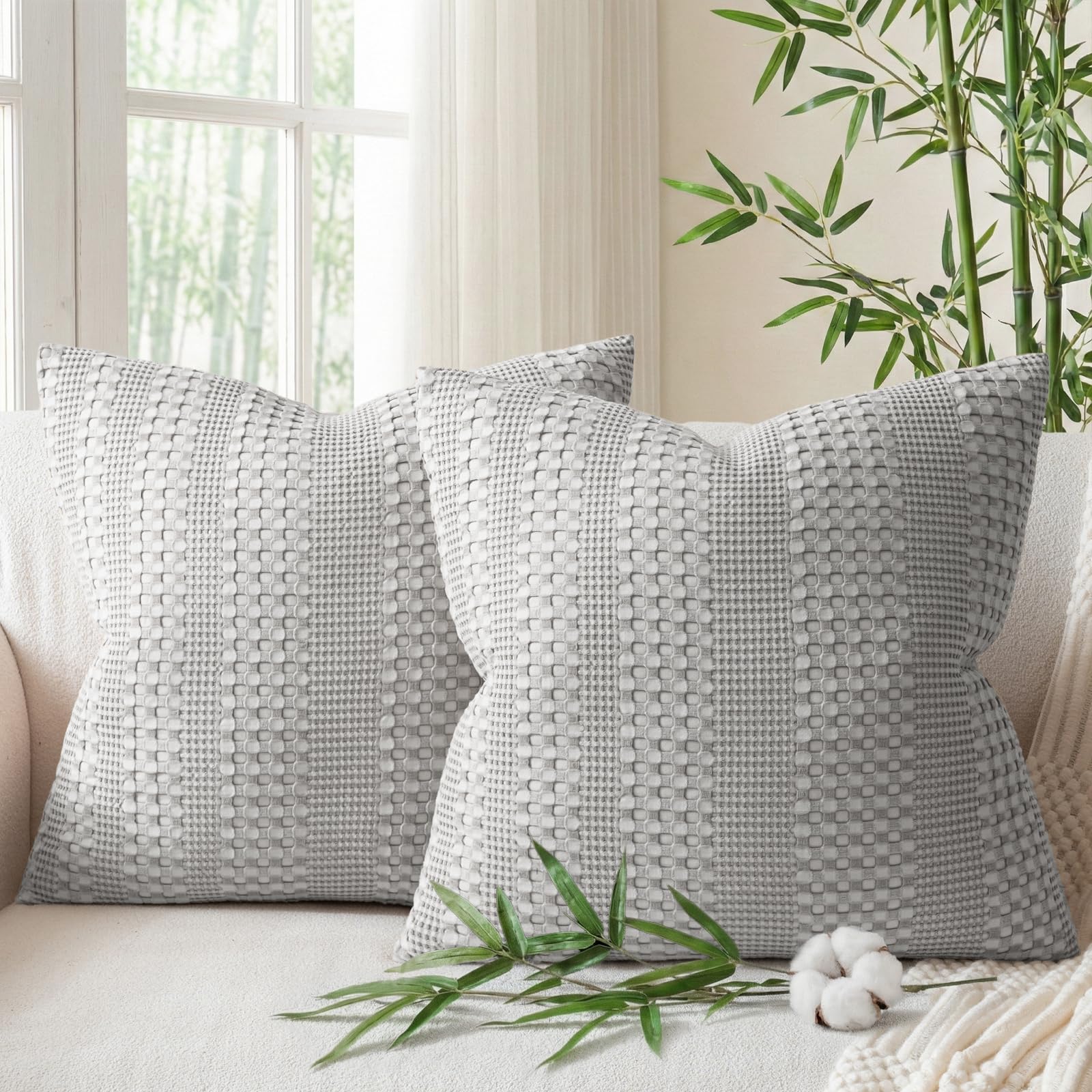 a moment 2 Pack Bamboo Fiber Pillow Covers - Waffle Weave, Ultra Soft & Breathable, Euro Shams Cotton Throw Pillow for Couch, Sofa, Bedroom Living Room 24x24 Inch White