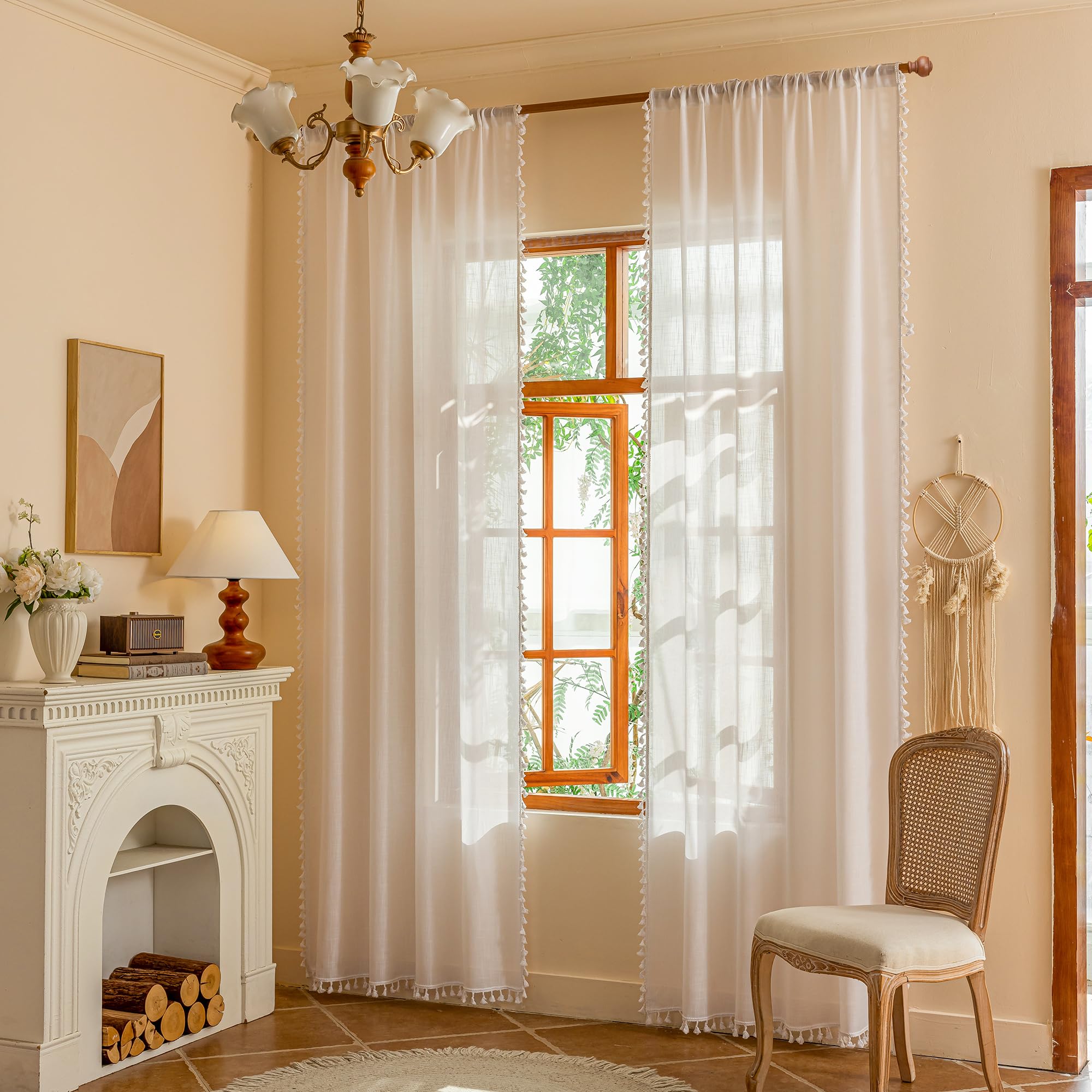 MYSKY HOME Cotton Curtains for Living Room Farmhouse Semi Sheer Light Filtering for Windows, Linen Look Texture Soft Modern Decor Country Style, 50" x 84", Light Oatmeal, 2 Panels