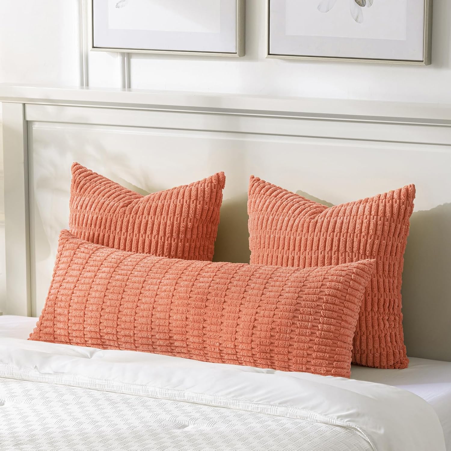 Fancy Homi Decorative Throw Pillow Covers for Bed Couch Bedroom Bench, Soft Corduroy Solid Pillow Case, Rustic Farmhouse Boho Room Decor,54" x 20" (Pack of 1),Coral