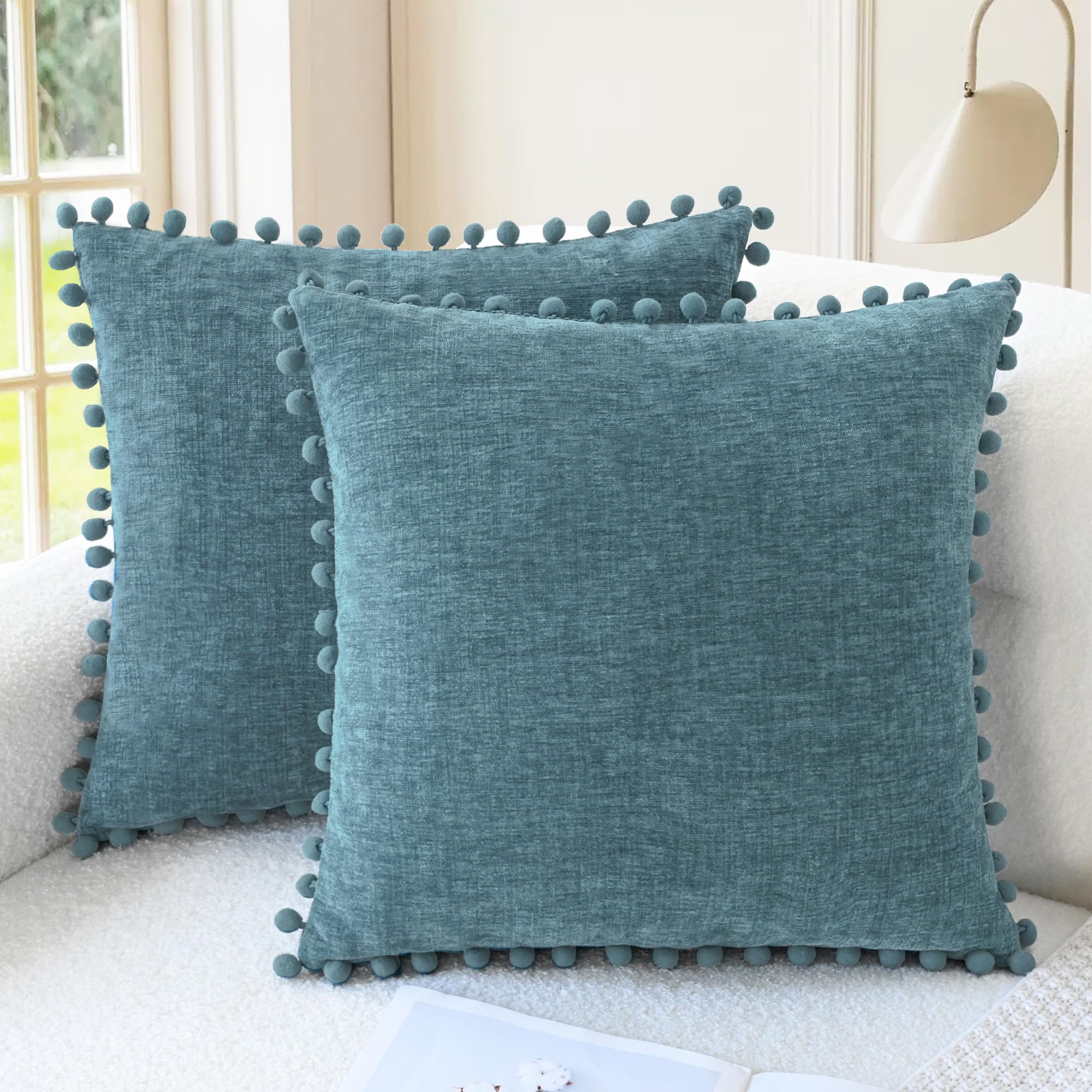 CaliTime Throw Pillow Covers Decorative 18 X 18 Inches Pack of 2 Cozy Solid Dyed Soft Chenille Cushion Cases with Pom Poms for Couch Sofa Bed Living Room Home Living Coral