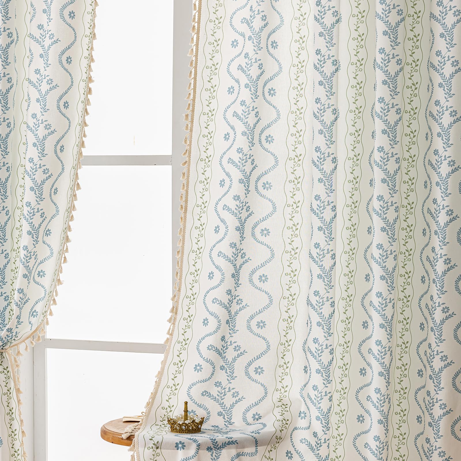 Burnt Orange Curtains for Living Room Patterned Farmhouse Curtains 2 Panels,Boho Linen Vintage Tassel Terracotta Floral Fall Window Curtain for Bedroom Dining Room Kitchen 84 Inch Long