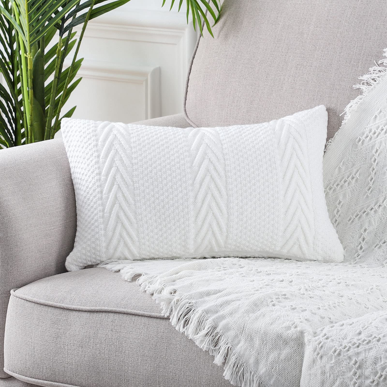 MANDIOO Cotton Knitted Decorative Throw Pillow Covers Soft Cozy Outdoor Cushion Cases Luxury Modern Pillowcases for Couch Sofa Bed 24x24 Inches Beige