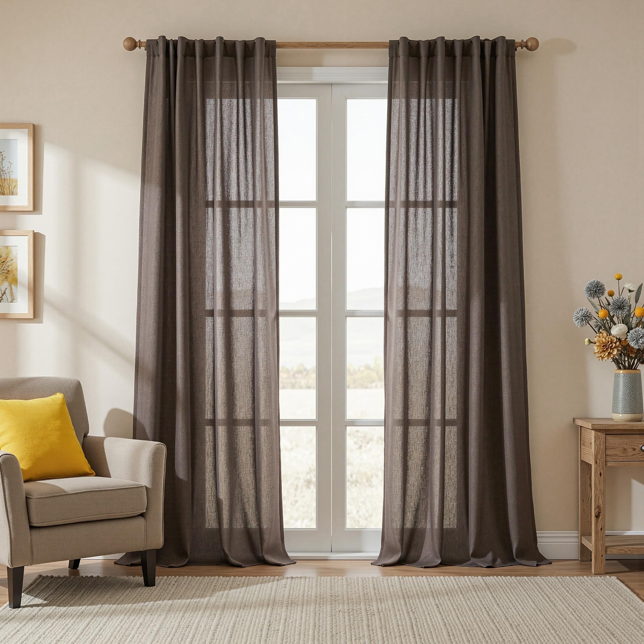 MYSKY HOME Cotton Curtains for Living Room Farmhouse Semi Sheer Light Filtering for Windows, Linen Look Texture Soft Modern Decor Country Style, 50" x 84", Light Oatmeal, 2 Panels