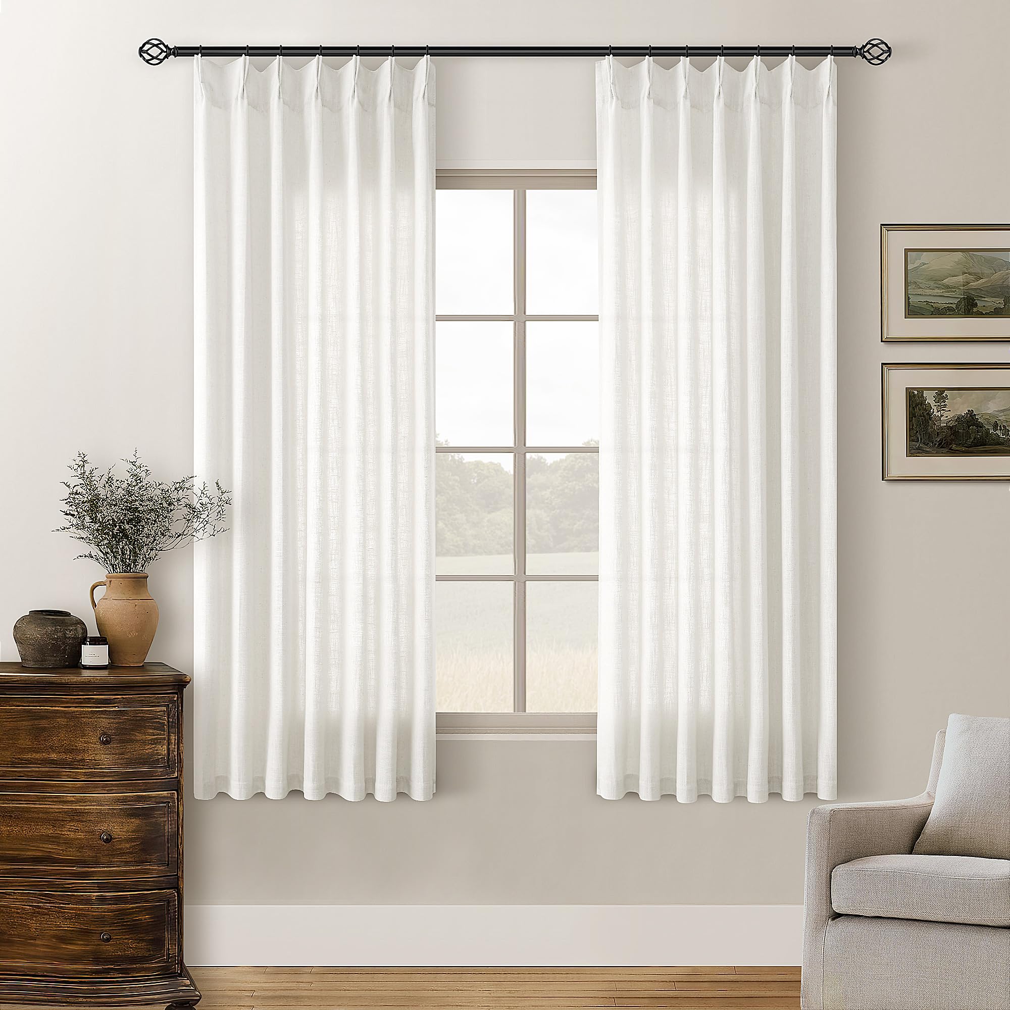 Natural Pinch Pleated Linen Curtains 84 Inch Length 2 Panels for Living Room Bedroom Textured Cream Ivory Birch Semi Sheer Boho Neutral Back Tab Pinch Pleat Hooks Rings Window Curtain 84 Inches Long