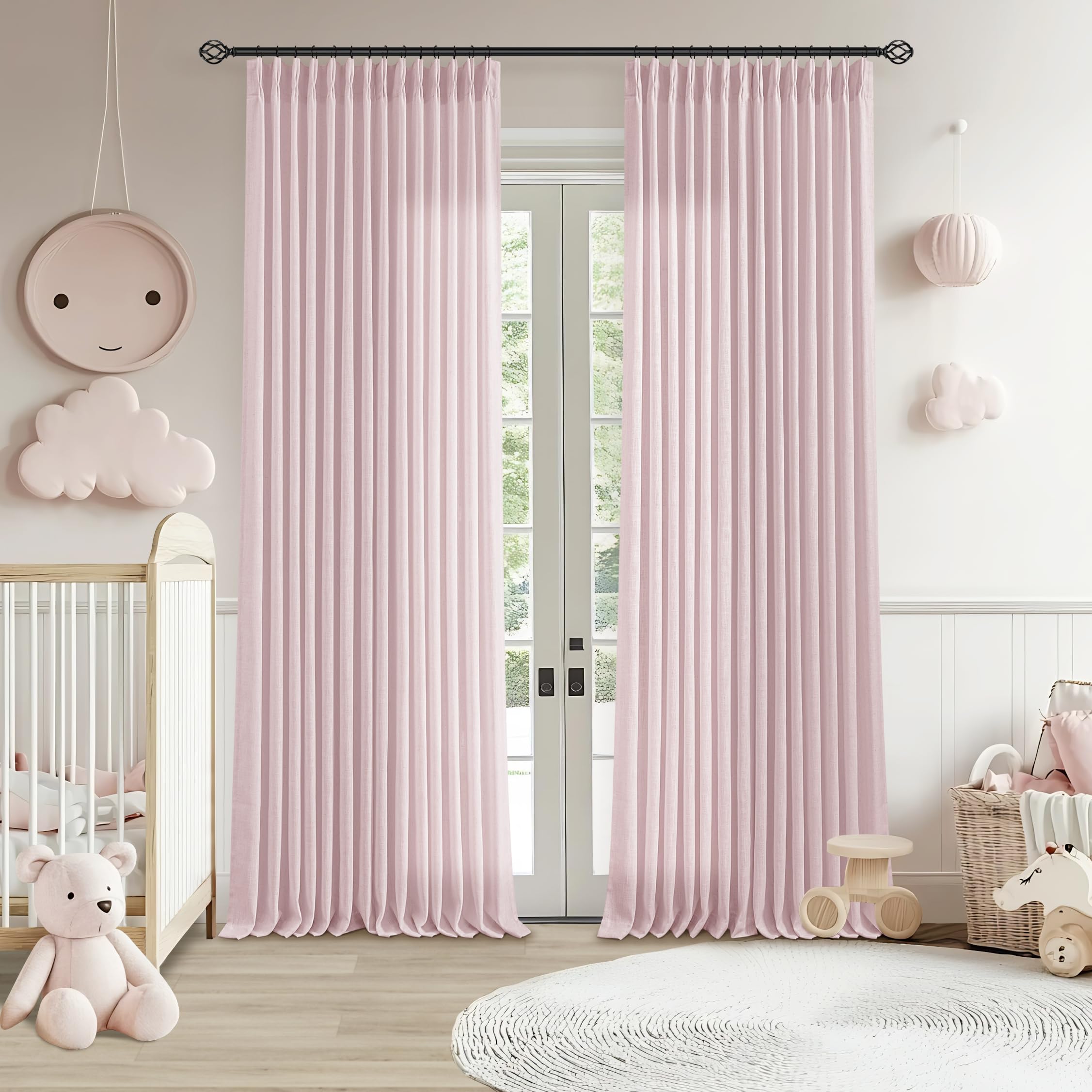 Natural Pinch Pleated Linen Curtains 84 Inch Length 2 Panels for Living Room Bedroom Textured Cream Ivory Birch Semi Sheer Boho Neutral Back Tab Pinch Pleat Hooks Rings Window Curtain 84 Inches Long
