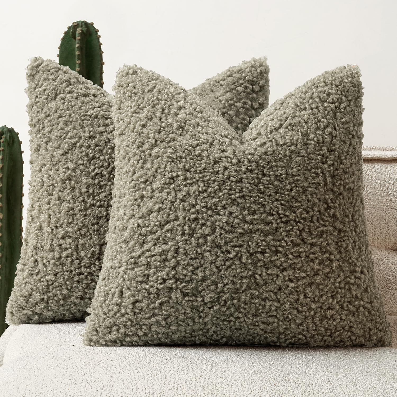 Faux Fur Throw Pillow Covers 20x20 Inch Set of 2 Boucle Neutral Decorative Sherpa Fuzzy Accent Soft Sheepskin Fleece Cushions Modern Home Decor for Couch Sofa Bedroom Living Room,Oatmeal