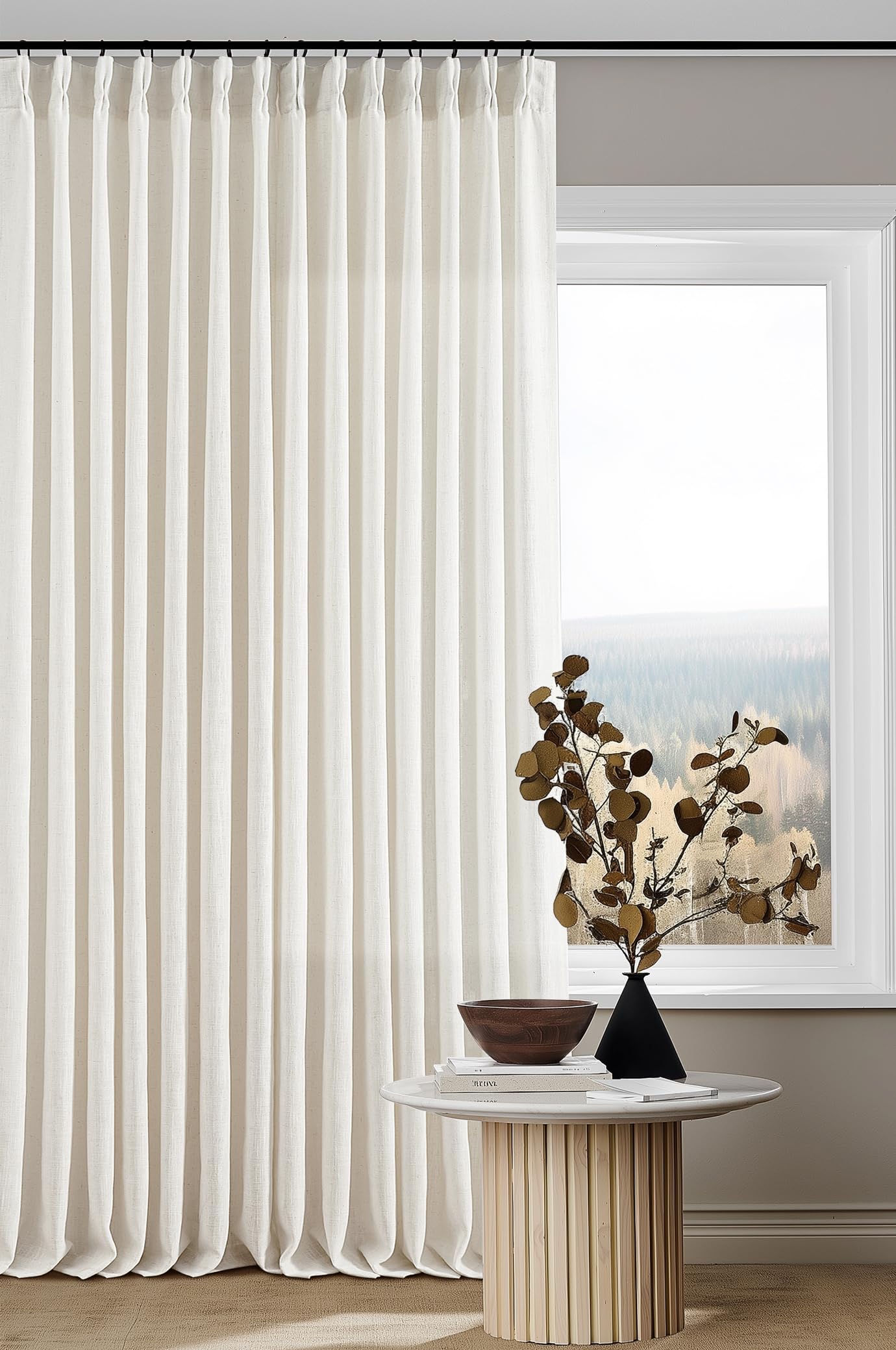 Natural Pinch Pleated Linen Curtains 84 Inch Length 2 Panels for Living Room Bedroom Textured Cream Ivory Birch Semi Sheer Boho Neutral Back Tab Pinch Pleat Hooks Rings Window Curtain 84 Inches Long