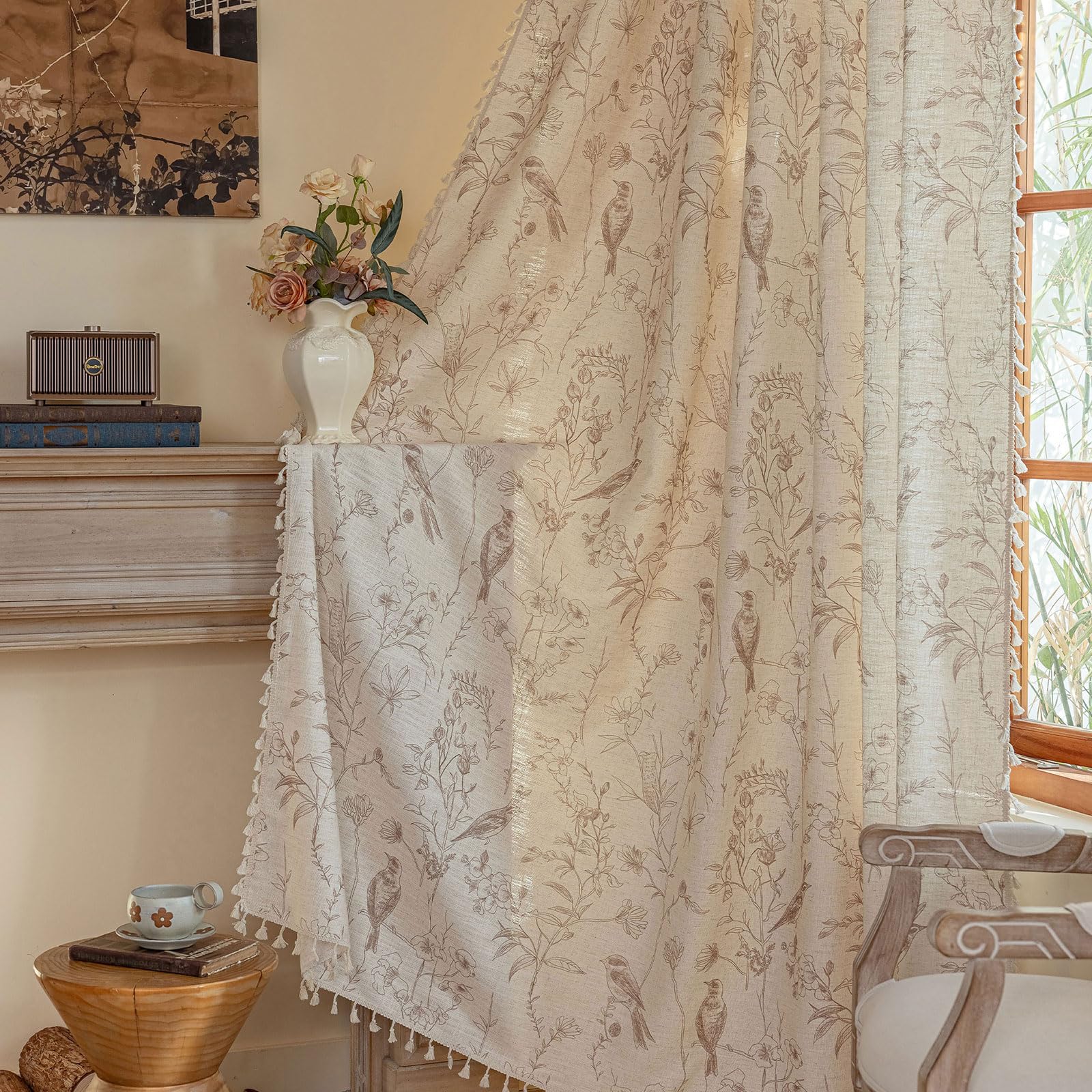 ENJOYBRIDAL Floral Bedroom Curtains 84 Inch Length 2 Panels Set Farmhouse Semi Sheer Living Room Drapes Cotton Linen Blend Bohemian Window Curtain Panels with Tassel Beige Rod Pocket Drapes
