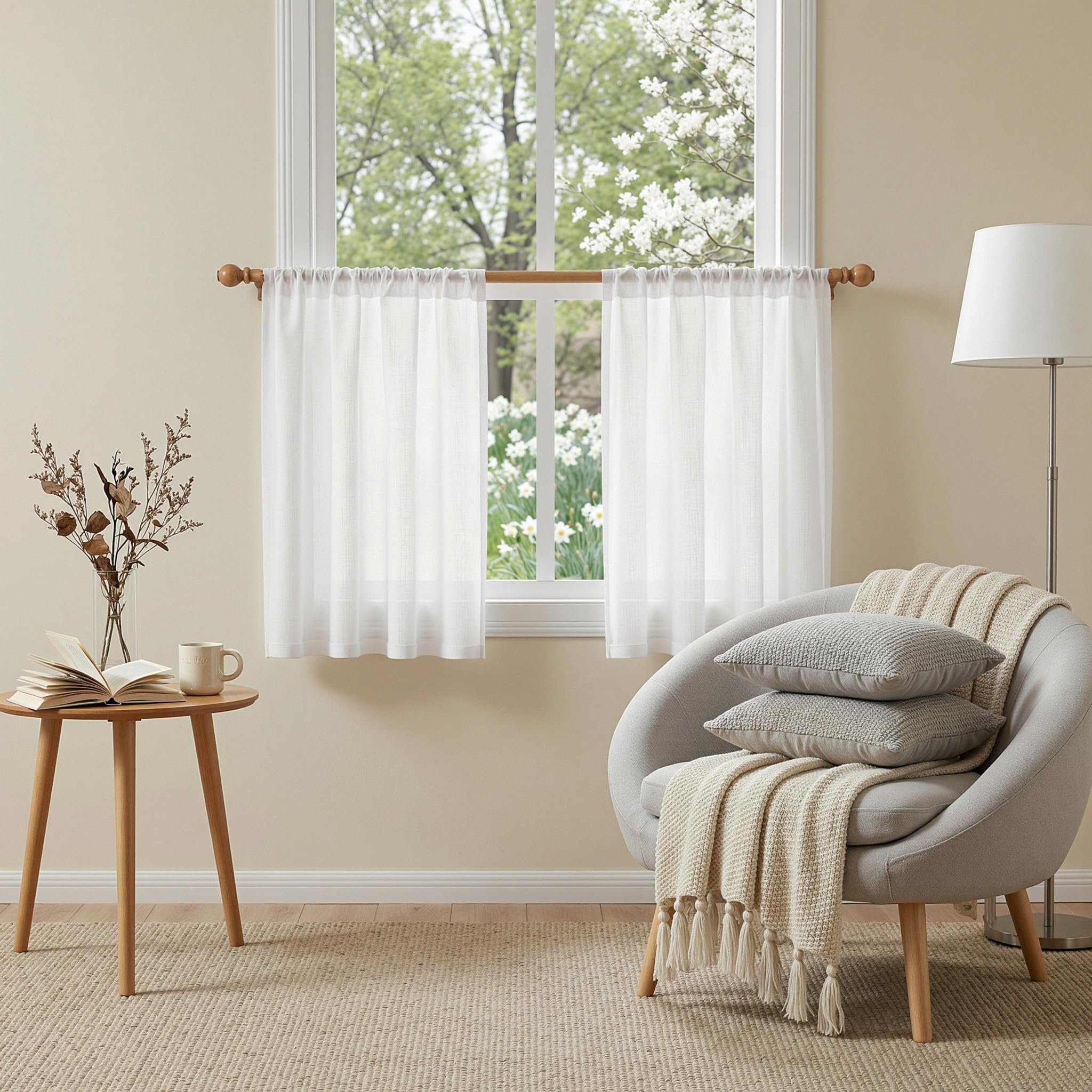 MYSKY HOME Cotton Curtains for Living Room Farmhouse Semi Sheer Light Filtering for Windows, Linen Look Texture Soft Modern Decor Country Style, 50" x 84", Light Oatmeal, 2 Panels