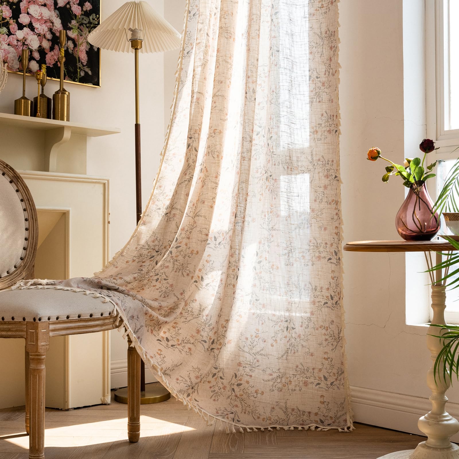 ENJOYBRIDAL Floral Bedroom Curtains 84 Inch Length 2 Panels Set Farmhouse Semi Sheer Living Room Drapes Cotton Linen Blend Bohemian Window Curtain Panels with Tassel Beige Rod Pocket Drapes