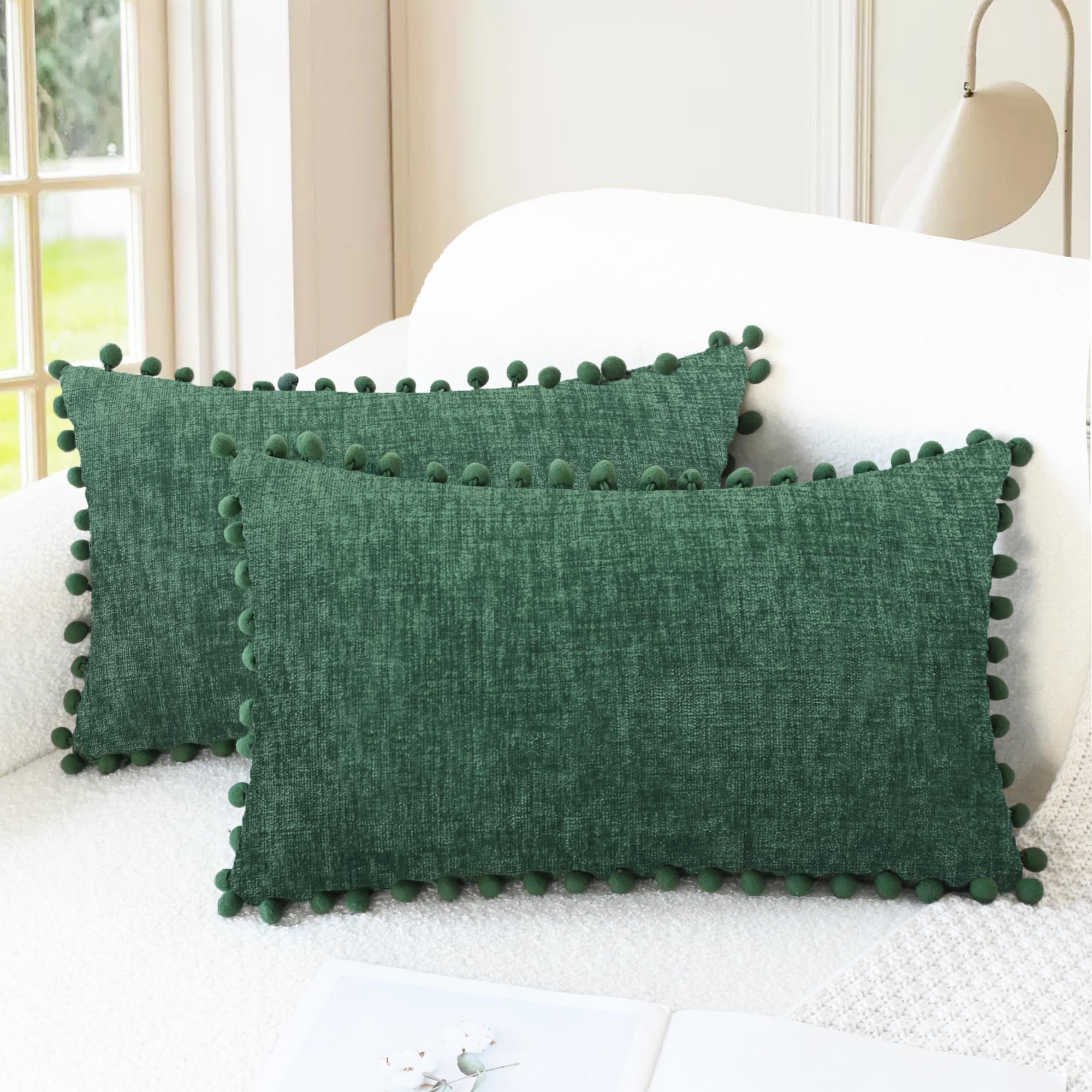 CaliTime Throw Pillow Covers Decorative 18 X 18 Inches Pack of 2 Cozy Solid Dyed Soft Chenille Cushion Cases with Pom Poms for Couch Sofa Bed Living Room Home Living Coral