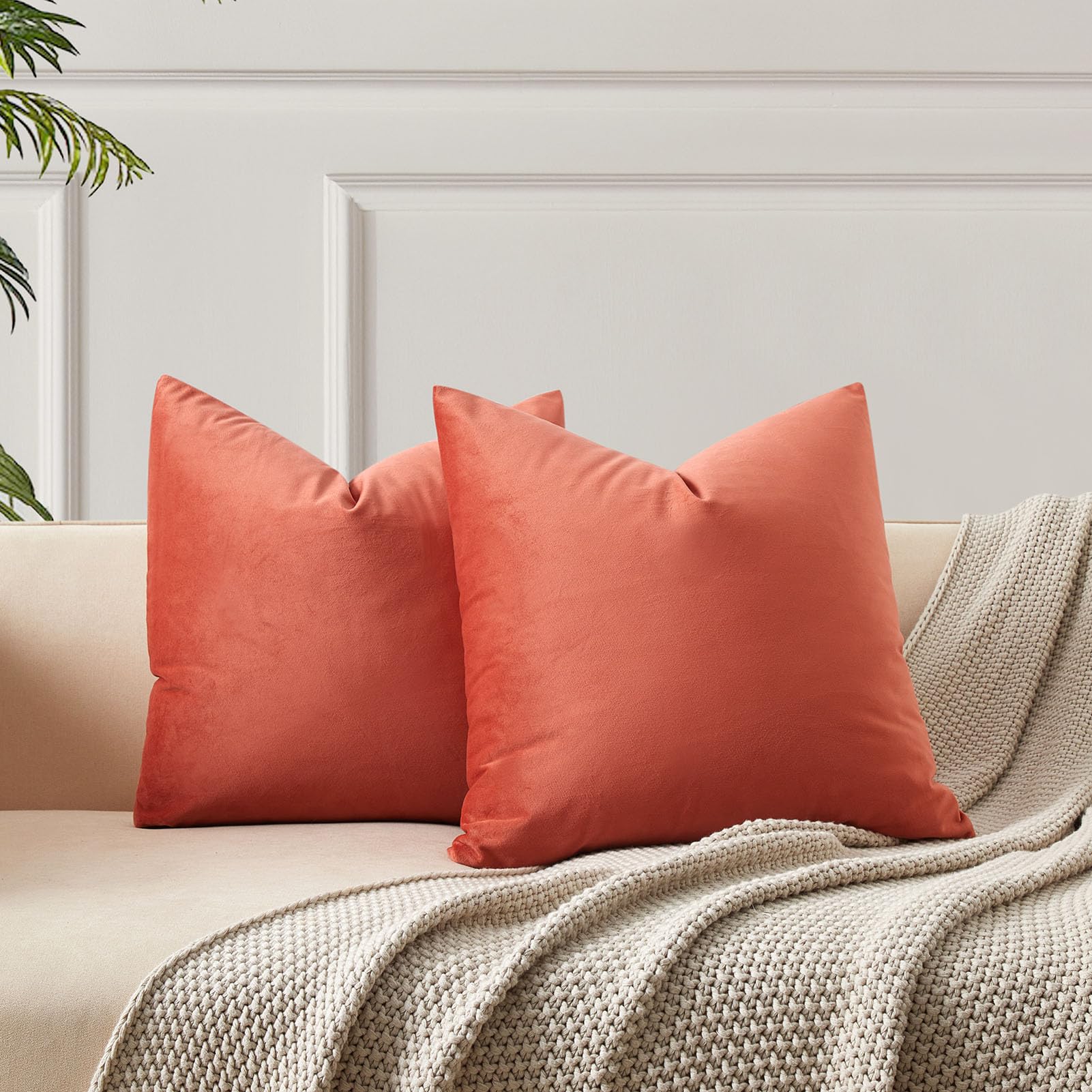 JUSPURBET Decorative Pillow Covers Set of 2 Velvet Throw Pillow Covers for Couch Sofa Bed Soft Cushion Covers Cases with Hidden Zipper for Living Room Home Decor 24x24 inch,Coral