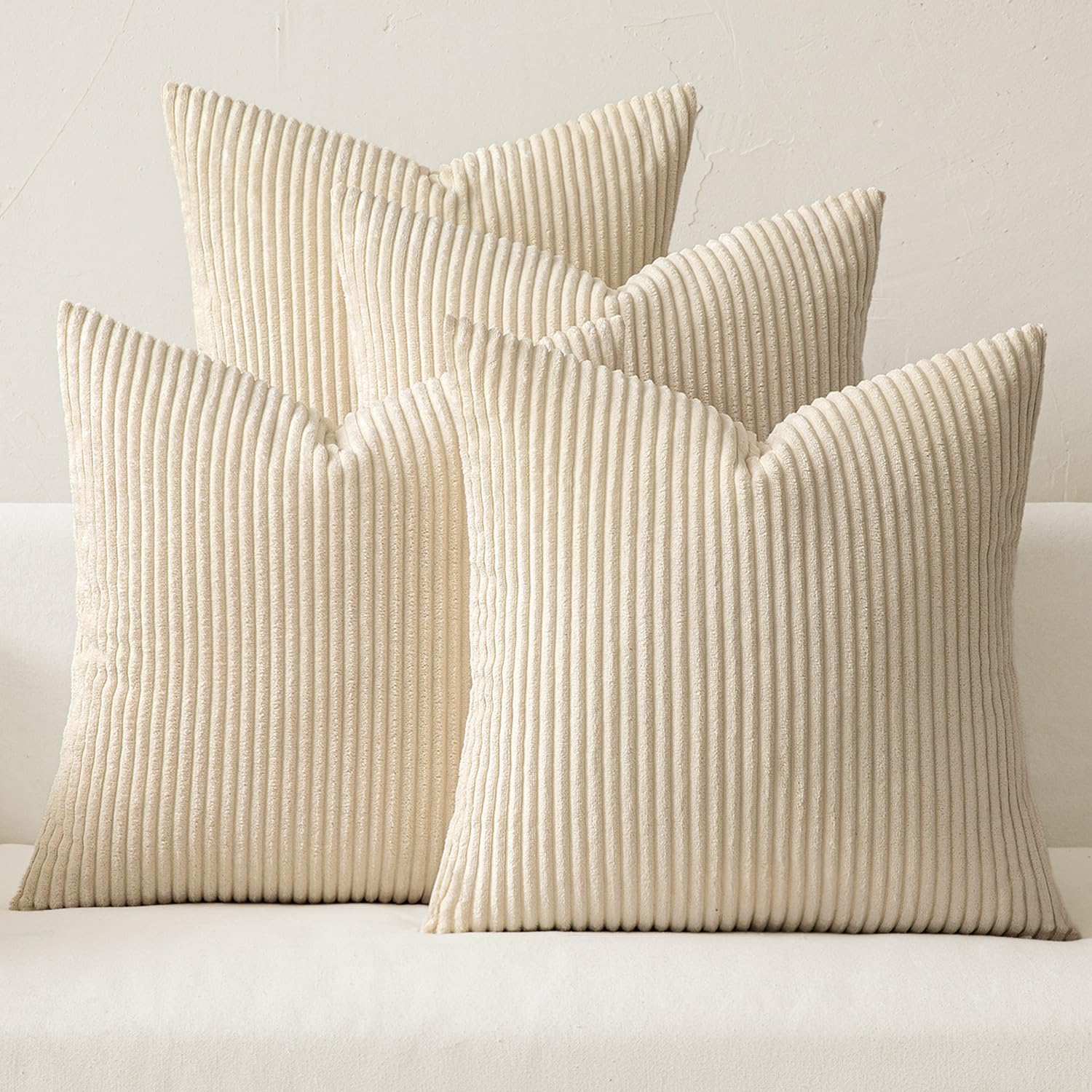 MIULEE Boho Farmhouse Neutral Cream Throw Pillow Covers 18x18 Inch Set of 4 Mordern Nordic Cushion Covers Soft Corduroy Spring Home Decor for Couch Bed Sofa Living Room