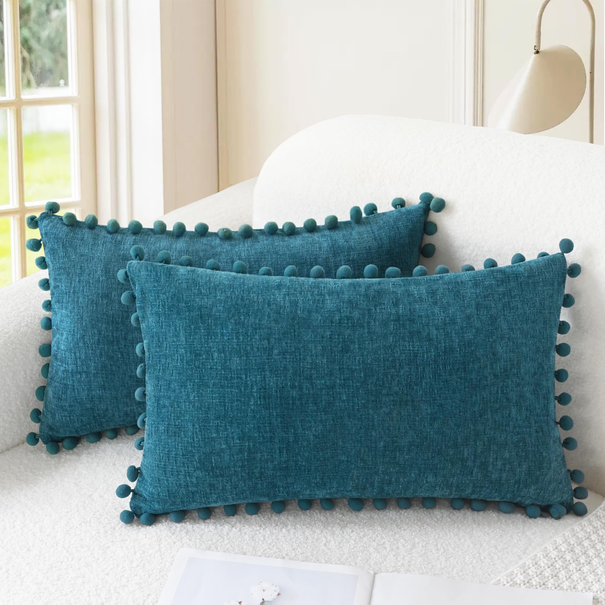CaliTime Throw Pillow Covers Decorative 18 X 18 Inches Pack of 2 Cozy Solid Dyed Soft Chenille Cushion Cases with Pom Poms for Couch Sofa Bed Living Room Home Living Coral