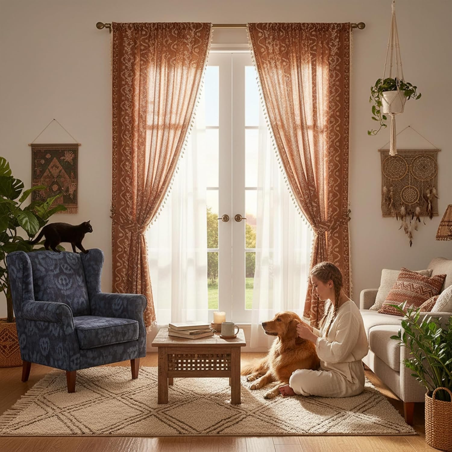 Burnt Orange Curtains for Living Room Patterned Farmhouse Curtains 2 Panels,Boho Linen Vintage Tassel Terracotta Floral Fall Window Curtain for Bedroom Dining Room Kitchen 84 Inch Long