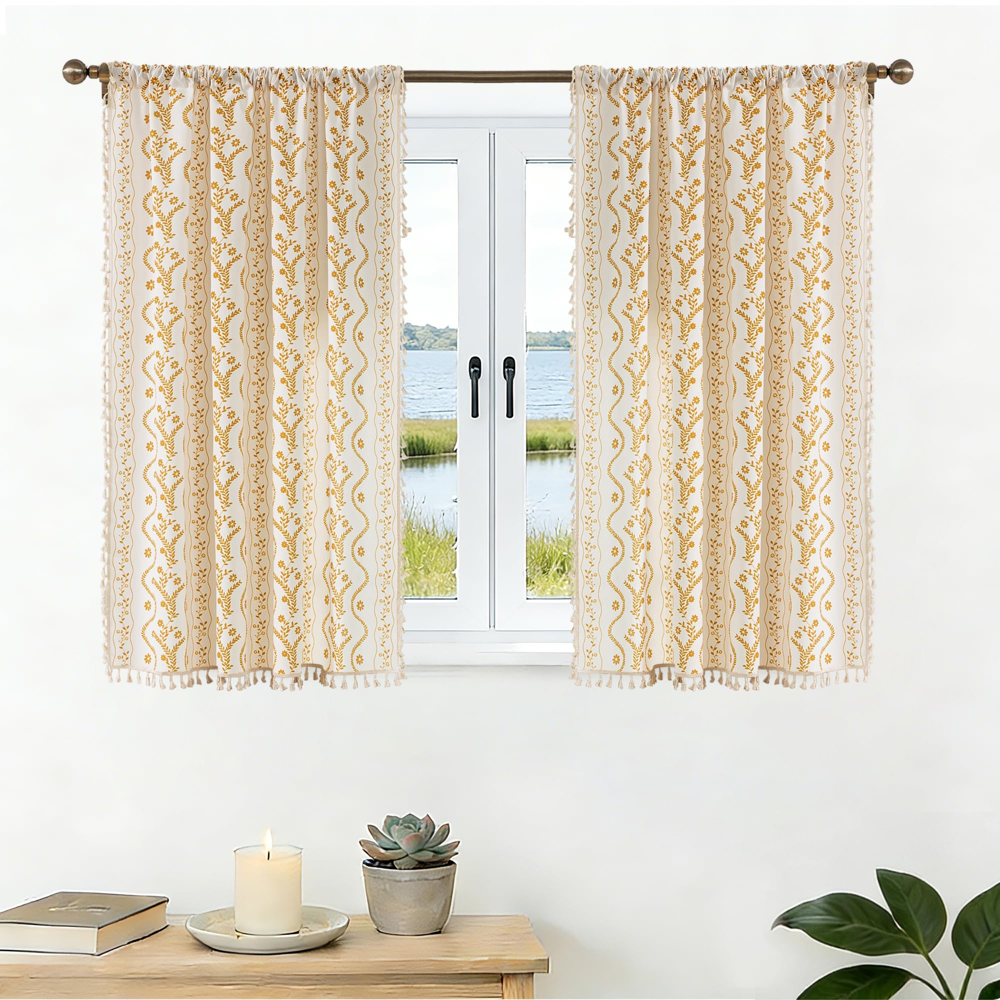 Burnt Orange Curtains for Living Room Patterned Farmhouse Curtains 2 Panels,Boho Linen Vintage Tassel Terracotta Floral Fall Window Curtain for Bedroom Dining Room Kitchen 84 Inch Long