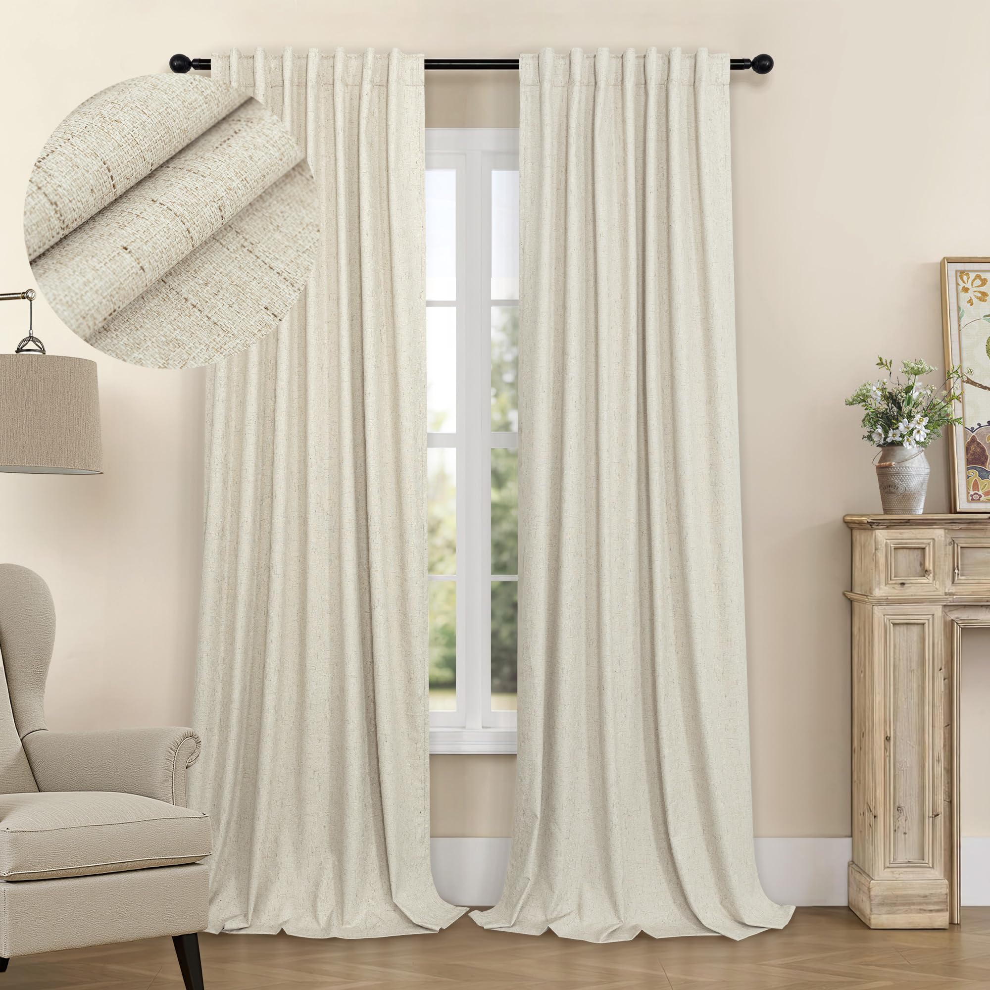 100% Blackout Curtains 84 Inch Length 2 Panels Set Neutral Boho Linen Farmhouse for Bedroom Windows Living Room Darkening Thermal Insulated Drapes Natural Cream Ivory 7ft Long Back Tab Pleated Pocket